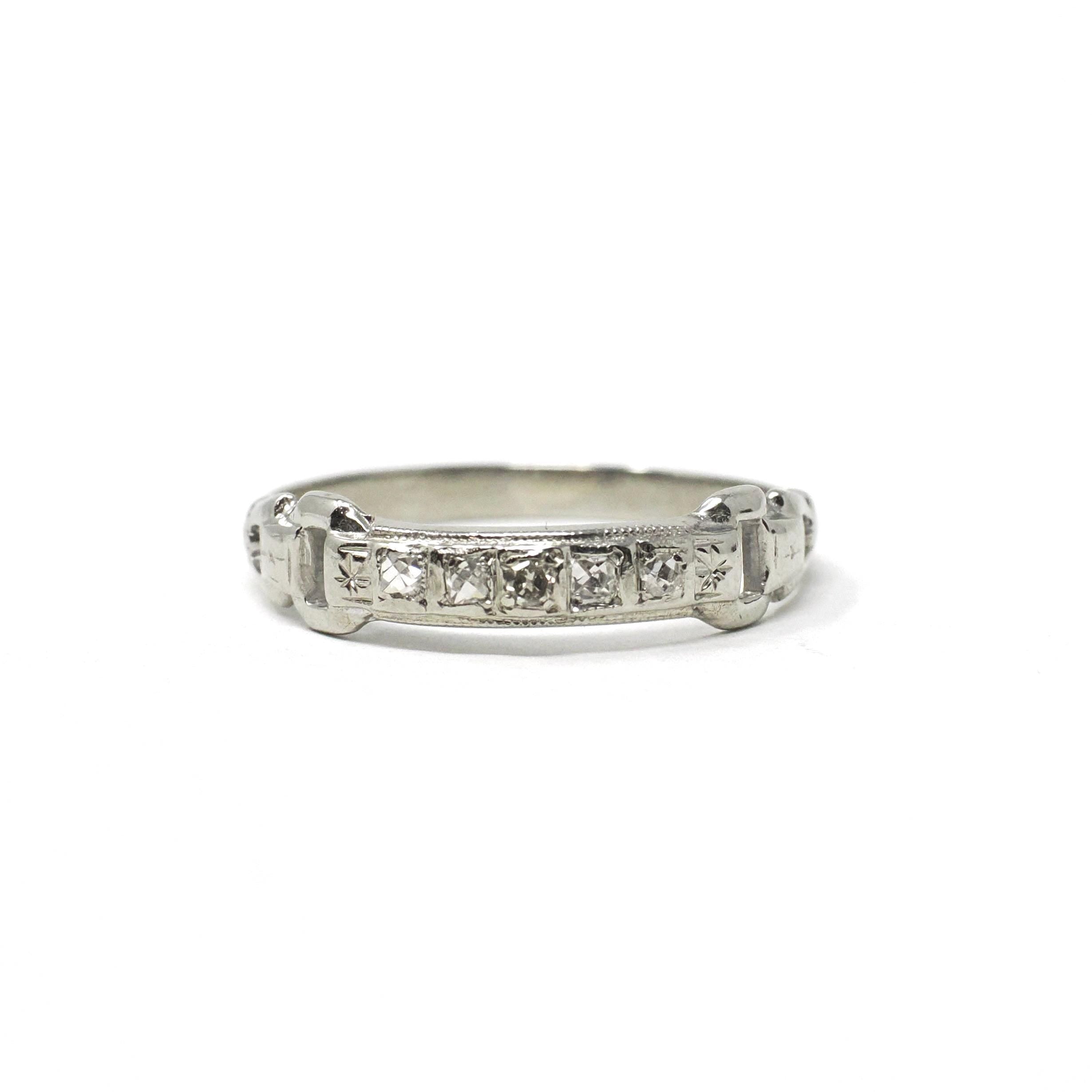 Diamond Buckle Band - Mid Century 14k White Gold Natural .07 CTW Vintage Cuts Wedding Ring - Circa 40s Size 4.5 Bridal Stacking Fine Jewelry