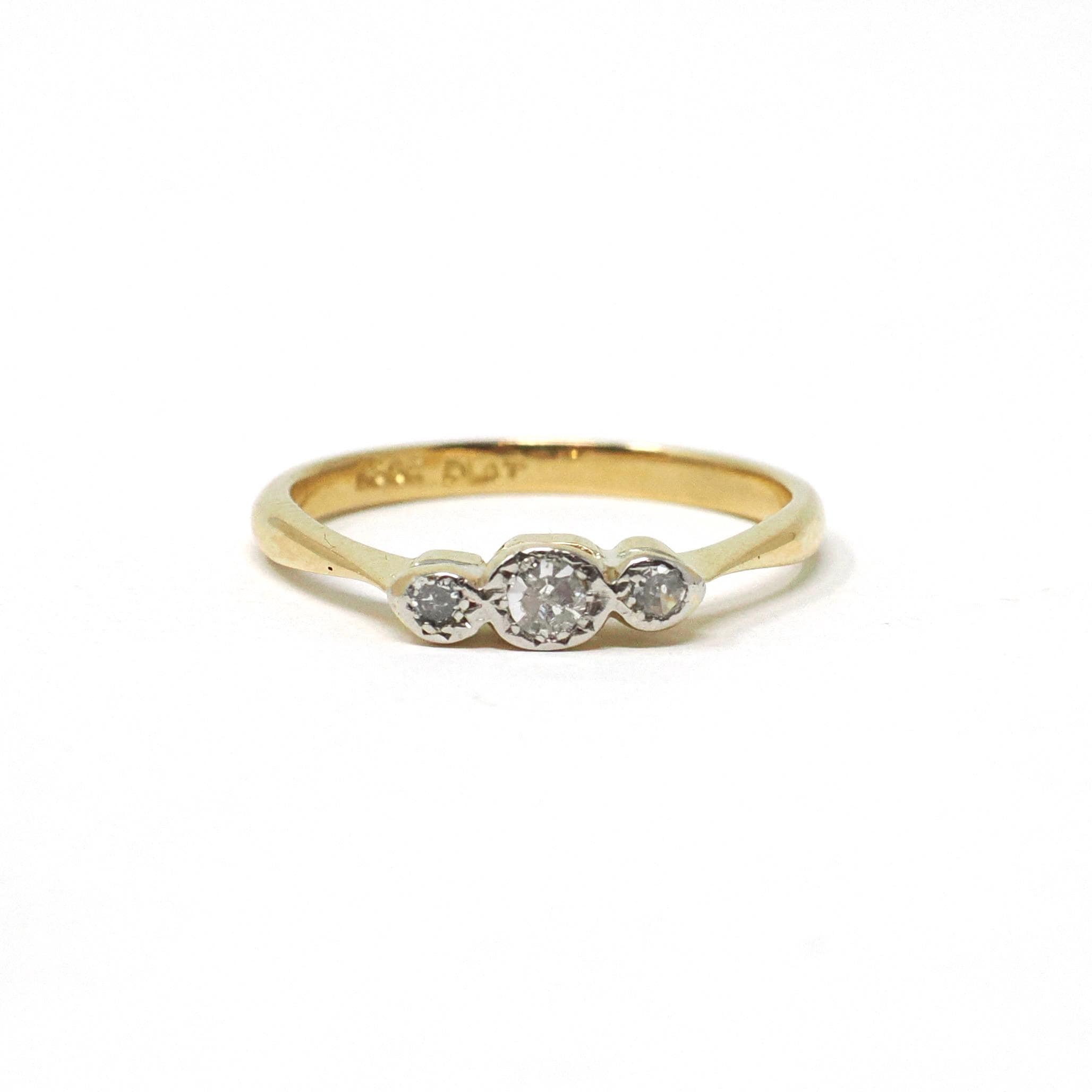 Vintage Diamond Ring - Mid Century 18k Yellow Gold & Platinum .11 CTW Three Stone Engagement Band - Circa 50s Era Size 7 Fine Bridal Jewelry
