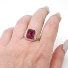 Created Ruby Ring - Mid Century Sterling Silver & 14k Gold Accents - Vintage Circa 1940s Era Size 9 1/4 July Birthstone Unisex Mens Jewelry