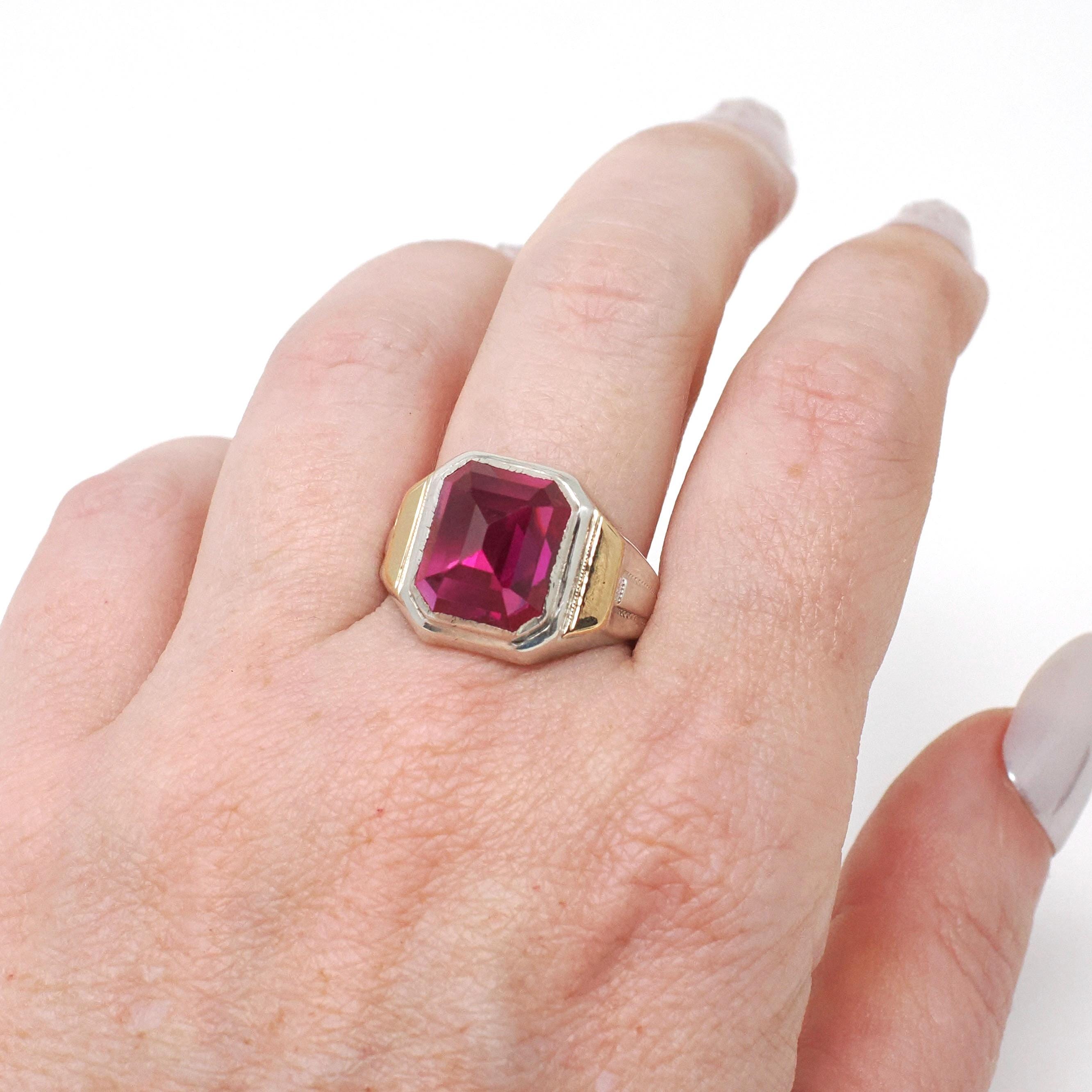 Created Ruby Ring - Mid Century Sterling Silver & 14k Gold Accents - Vintage Circa 1940s Era Size 9 1/4 July Birthstone Unisex Mens Jewelry