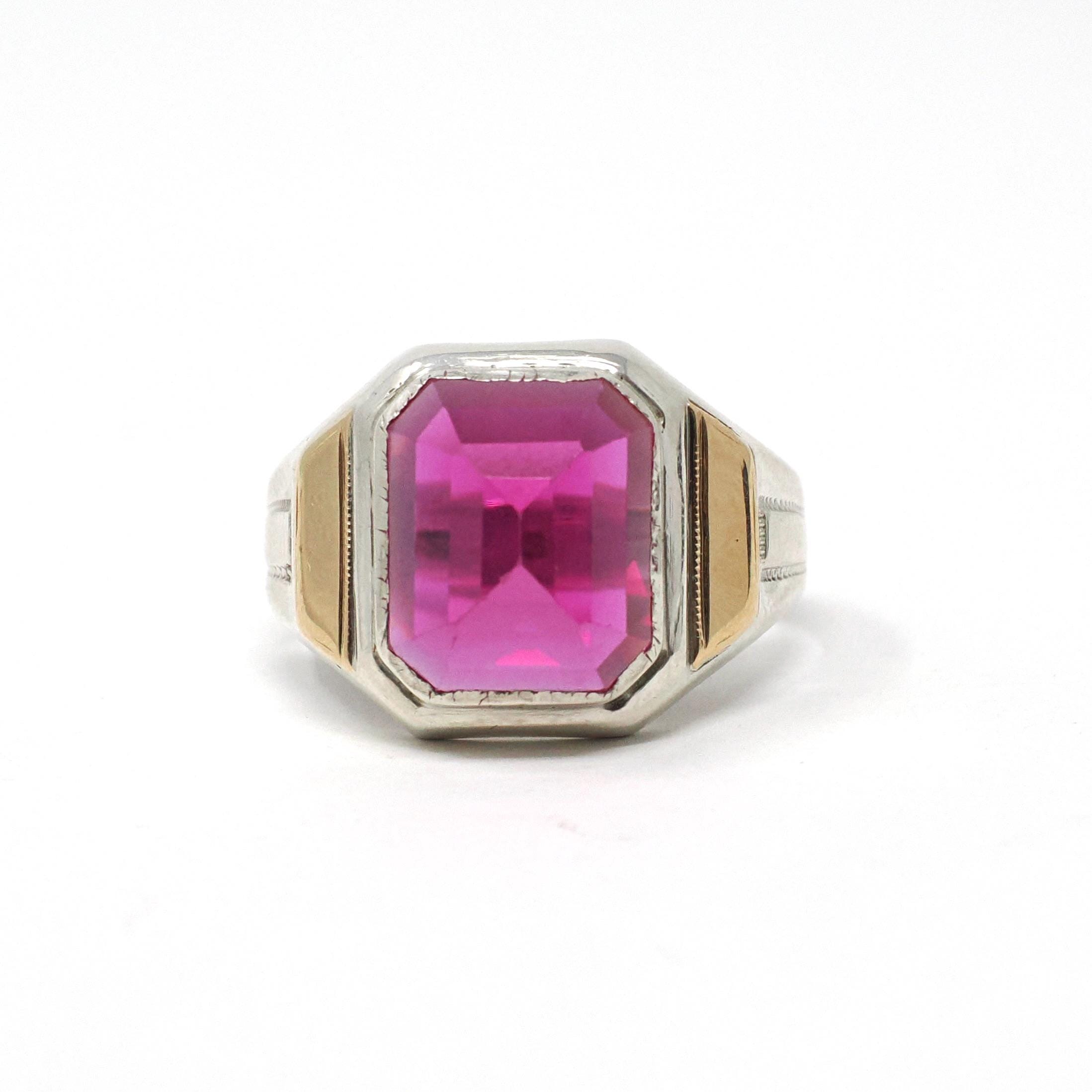 Created Ruby Ring - Mid Century Sterling Silver & 14k Gold Accents - Vintage Circa 1940s Era Size 9 1/4 July Birthstone Unisex Mens Jewelry