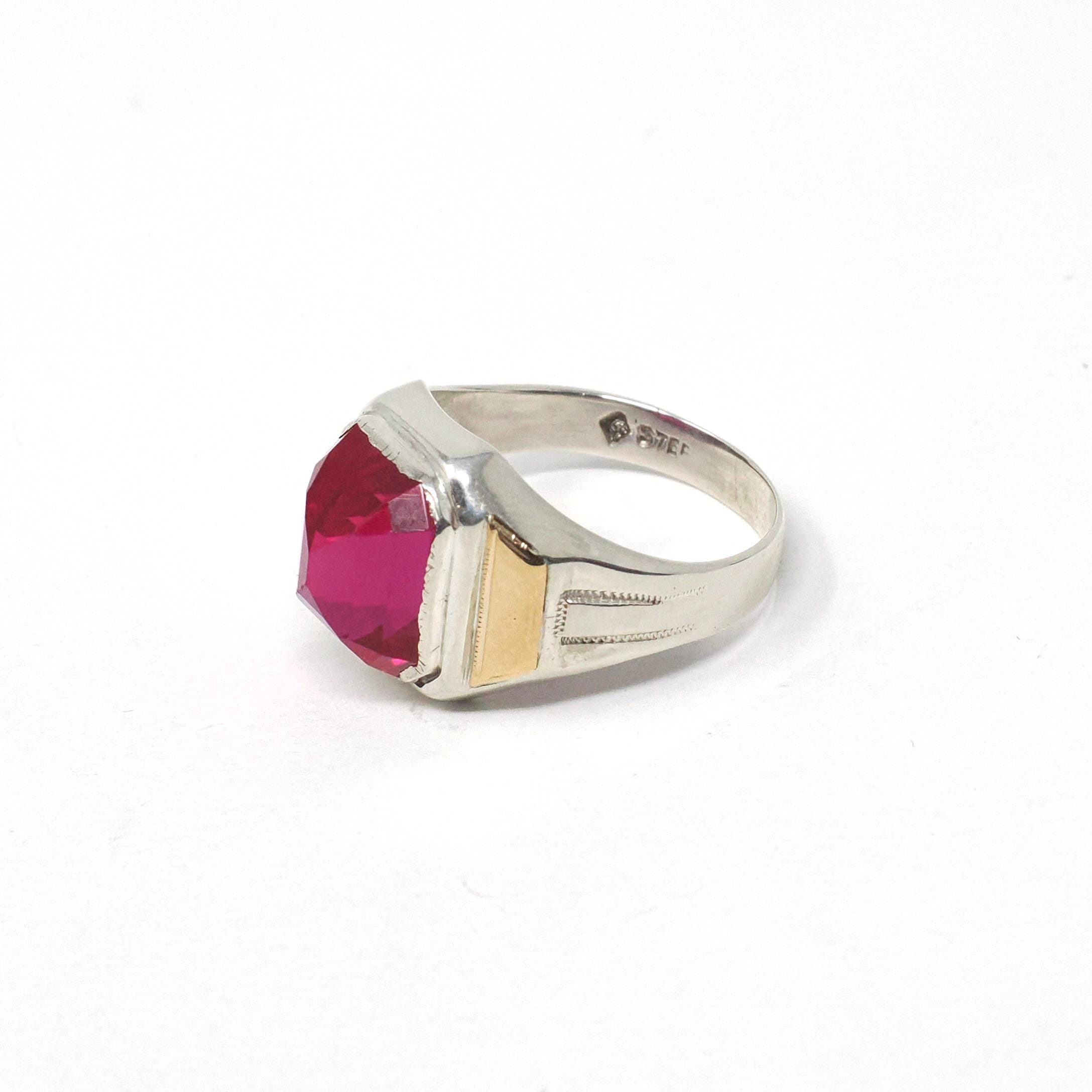 Created Ruby Ring - Mid Century Sterling Silver & 14k Gold Accents - Vintage Circa 1940s Era Size 9 1/4 July Birthstone Unisex Mens Jewelry