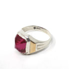 Created Ruby Ring - Mid Century Sterling Silver & 14k Gold Accents - Vintage Circa 1940s Era Size 9 1/4 July Birthstone Unisex Mens Jewelry