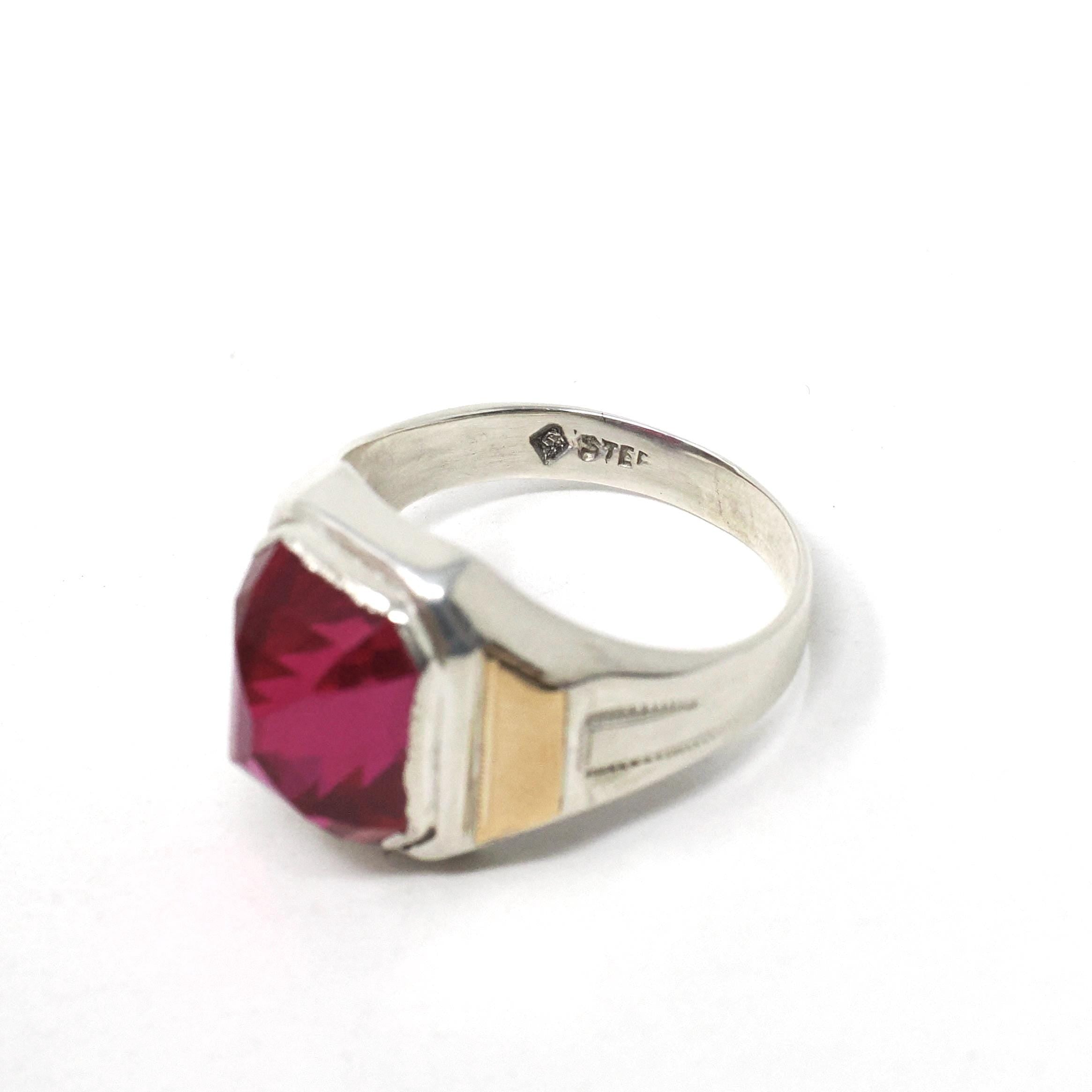 Created Ruby Ring - Mid Century Sterling Silver & 14k Gold Accents - Vintage Circa 1940s Era Size 9 1/4 July Birthstone Unisex Mens Jewelry