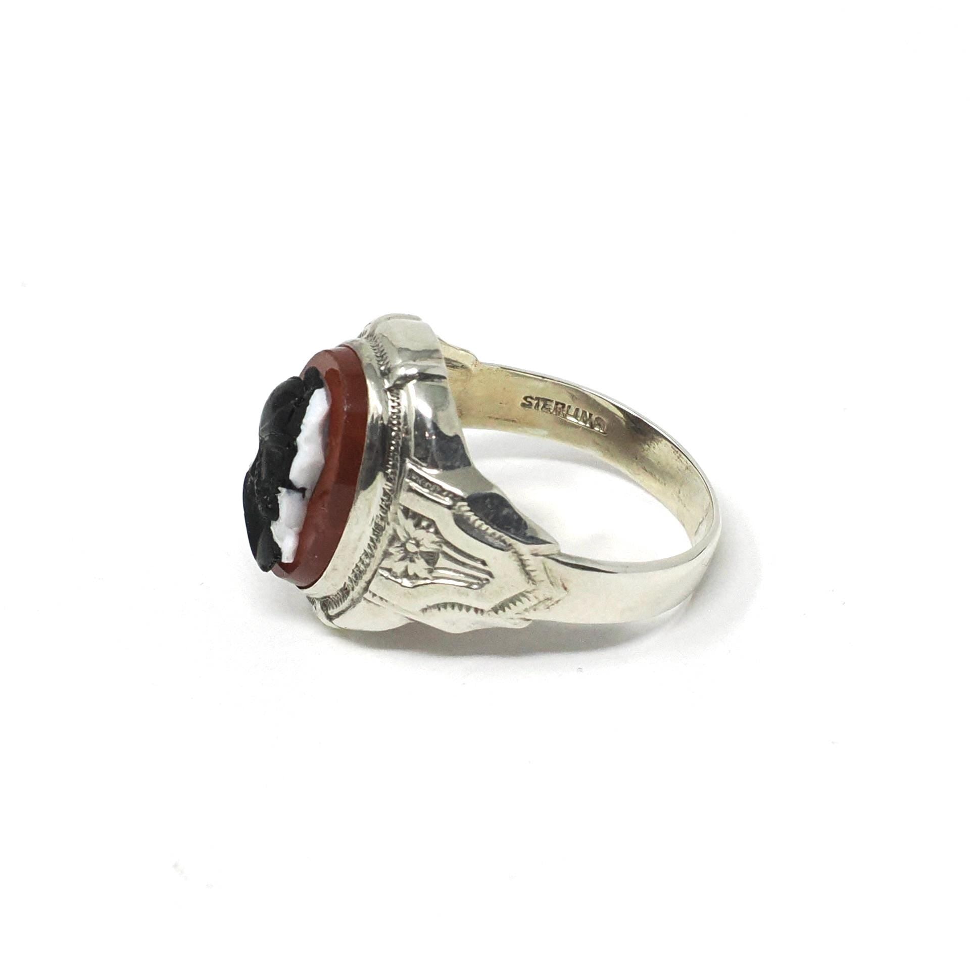 Vintage Cameo Ring - Art Deco Sterling Silver Oval Red Black White Assembled Glass Stone Portrait - Circa 30s Era Size 11 Statement Jewelry