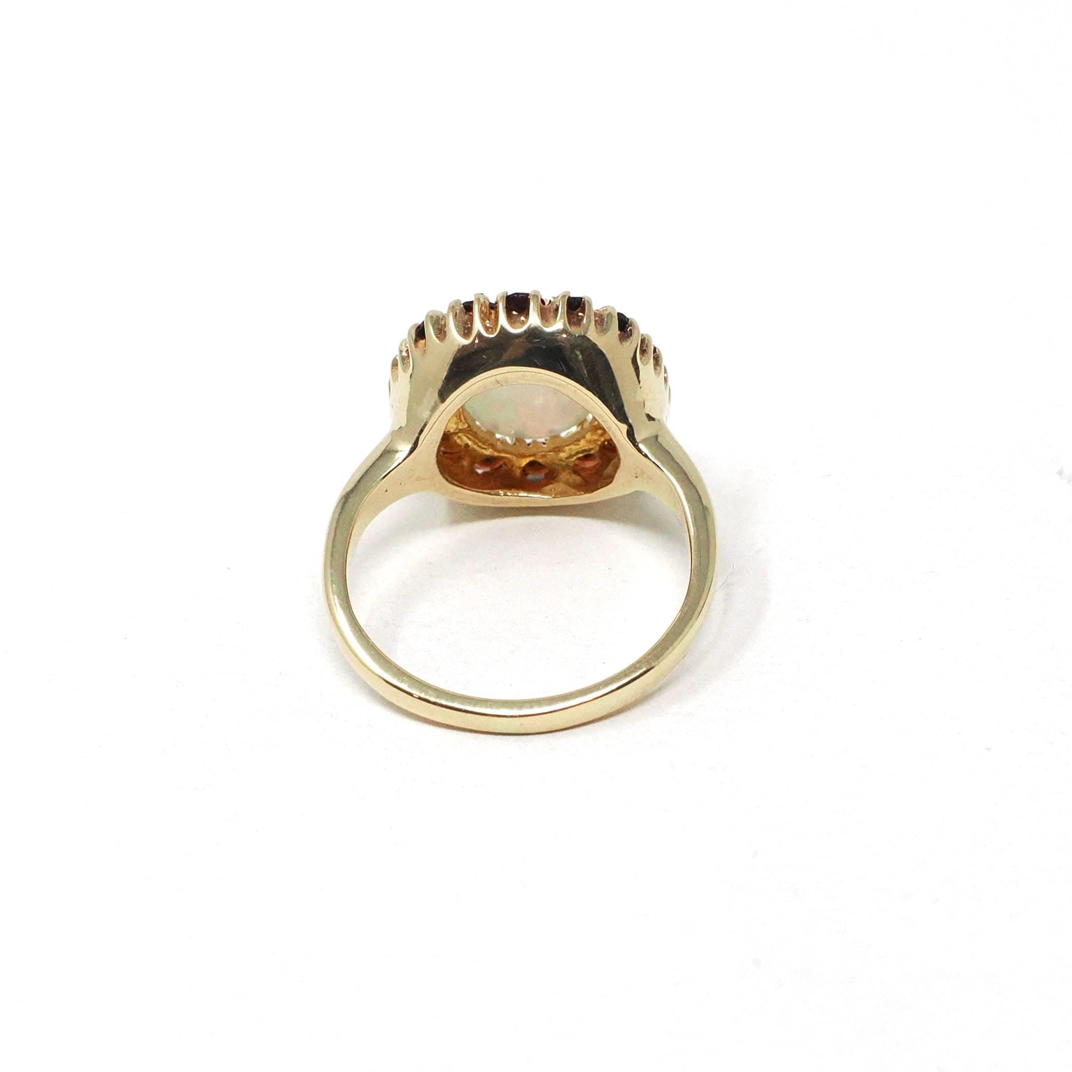 Opal & Garnet Ring - Modern 14k Yellow Gold Oval Halo Natural Gemstones Cluster - Estate Circa 1990s Era Size 4 1/4 Fine Birthstone Jewelry