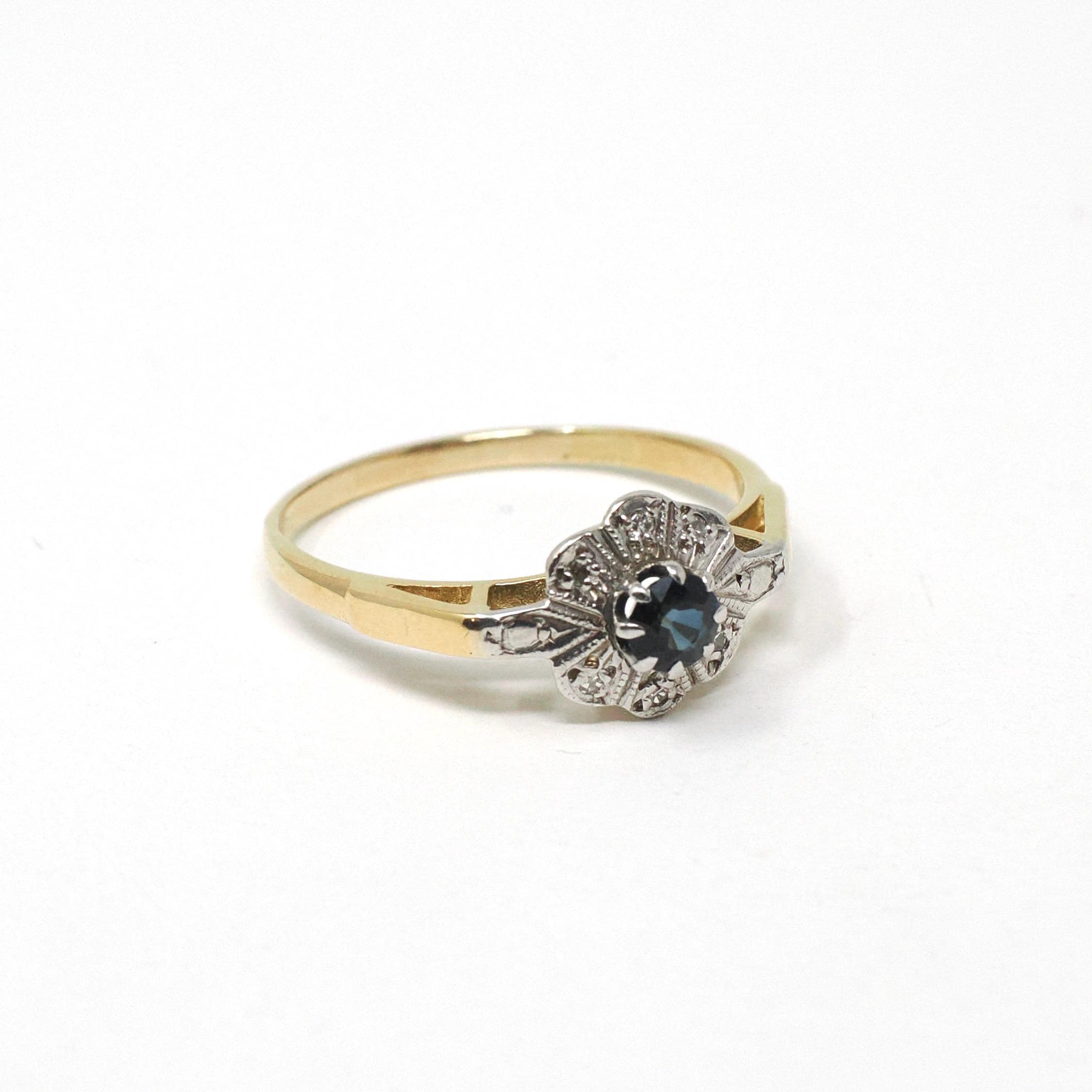 Sapphire & Diamond Ring - Retro Era 18k Yellow And White Gold Natural Gemstone Halo - Circa 1960s Size 7 1/4 Engagement Fine Bridal Jewelry