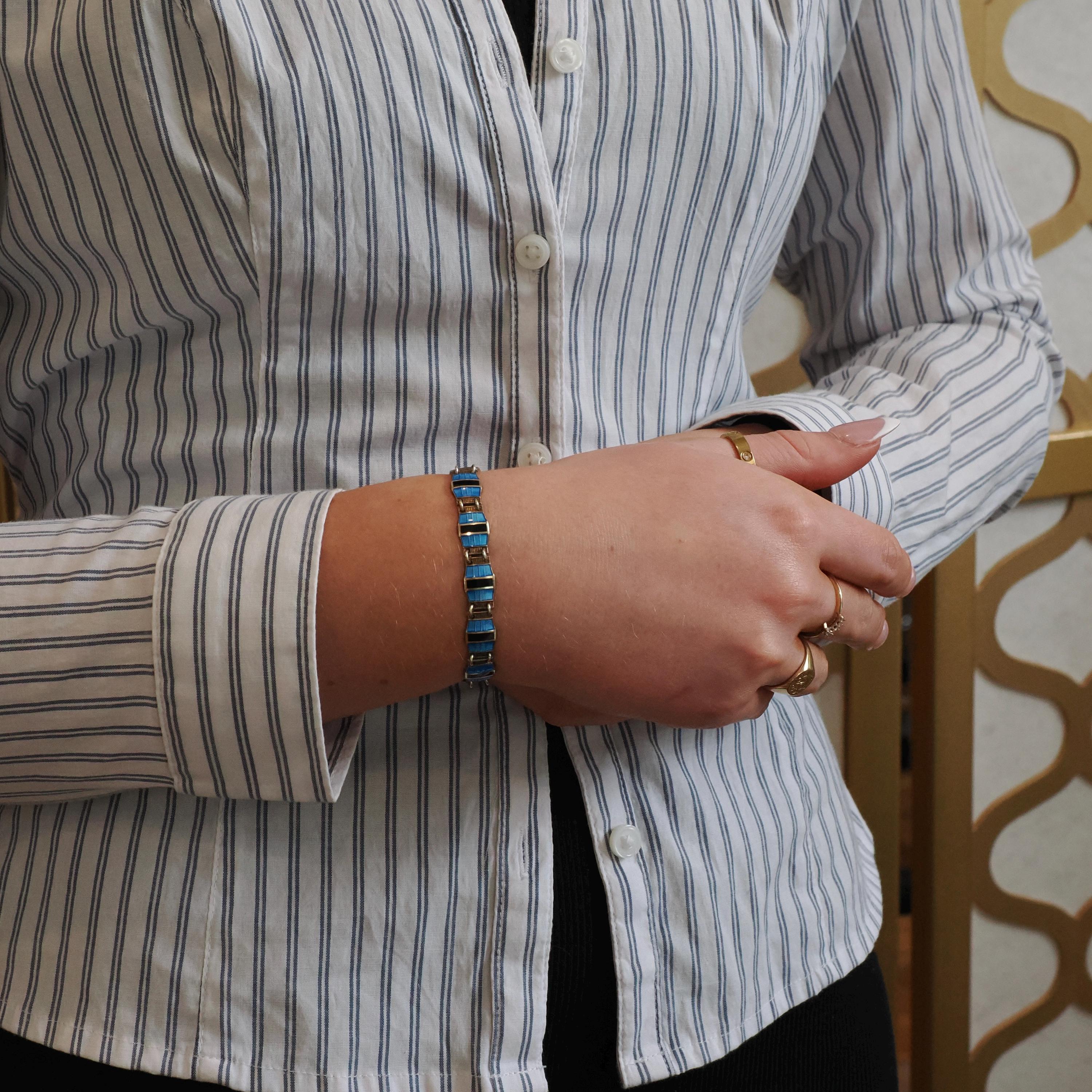 Guilloche Enamel Bracelet - Vintage Sterling Silver Blue & Black Geometric Linear Panels - Circa 1940s Signed Bernard Meldahl Danish Jewelry
