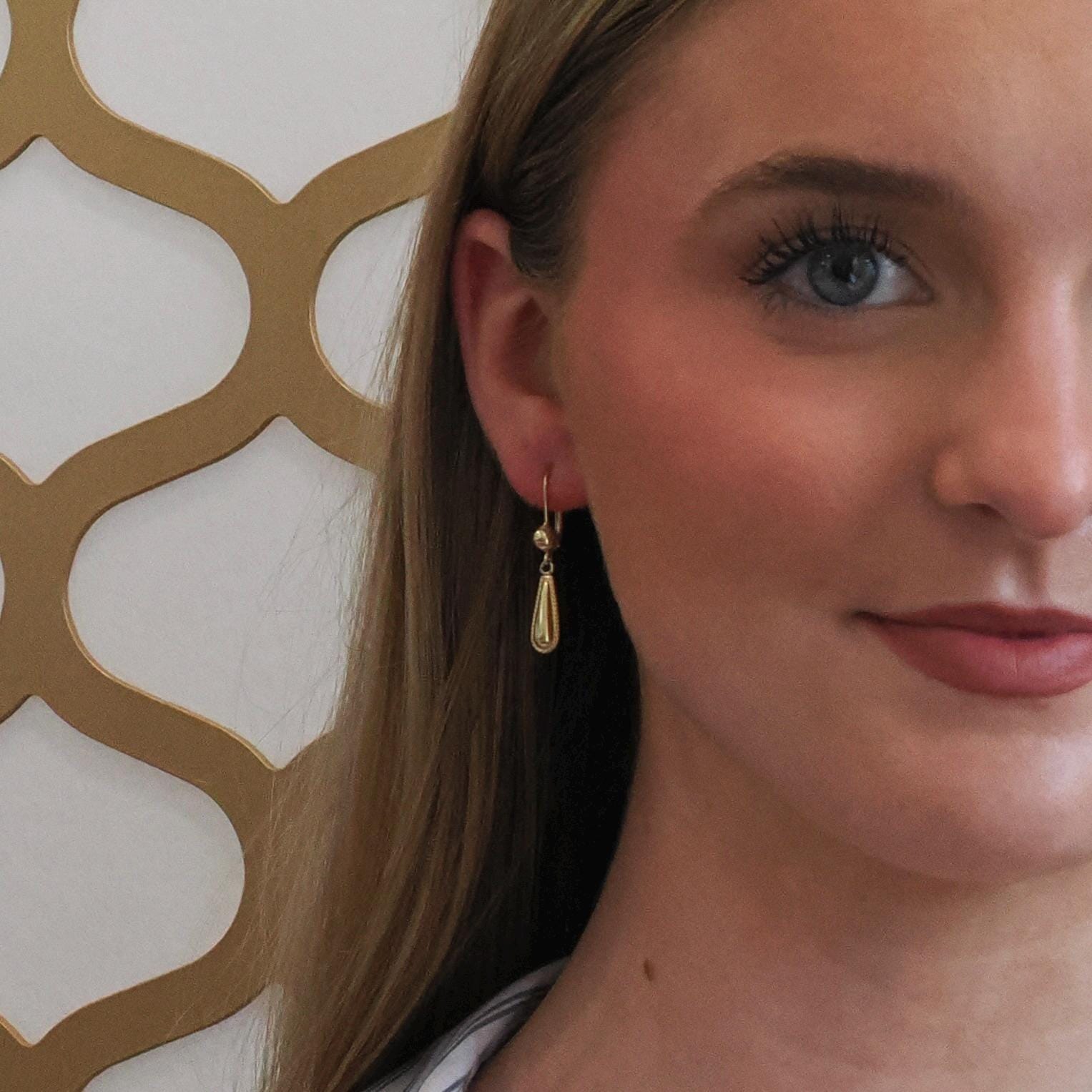Estate Teardrop Earrings - Modern 14k Yellow Gold Lever Back Dangle Charms - Circa 1990s Era Minimalist Hollow Fine Statement Jewelry