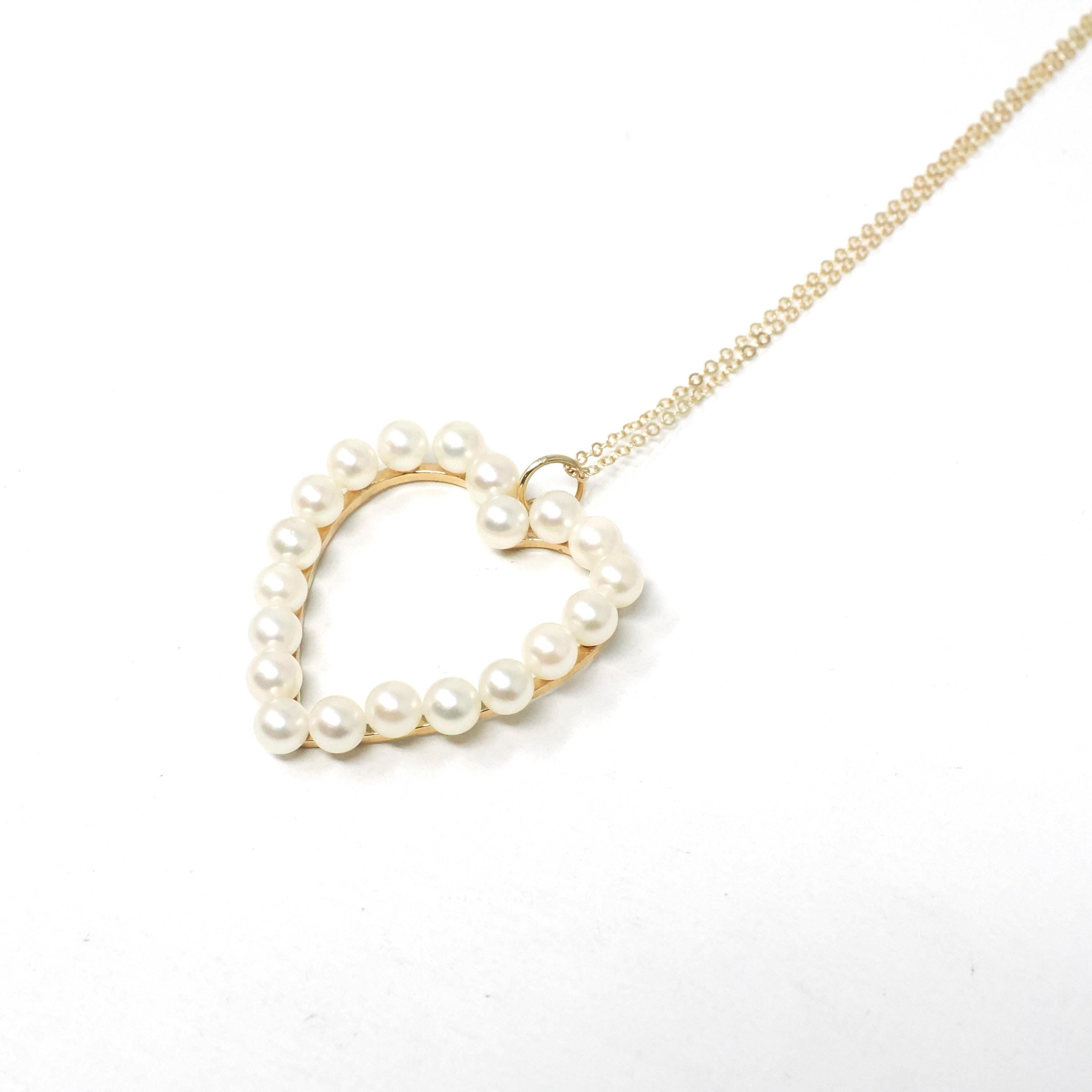 Vintage Heart Necklace - Retro Era 14k Yellow Gold White Cultured Pearl Gemstones Halo Pendant Charm - Circa 1960s Love Fine 60s Jewelry
