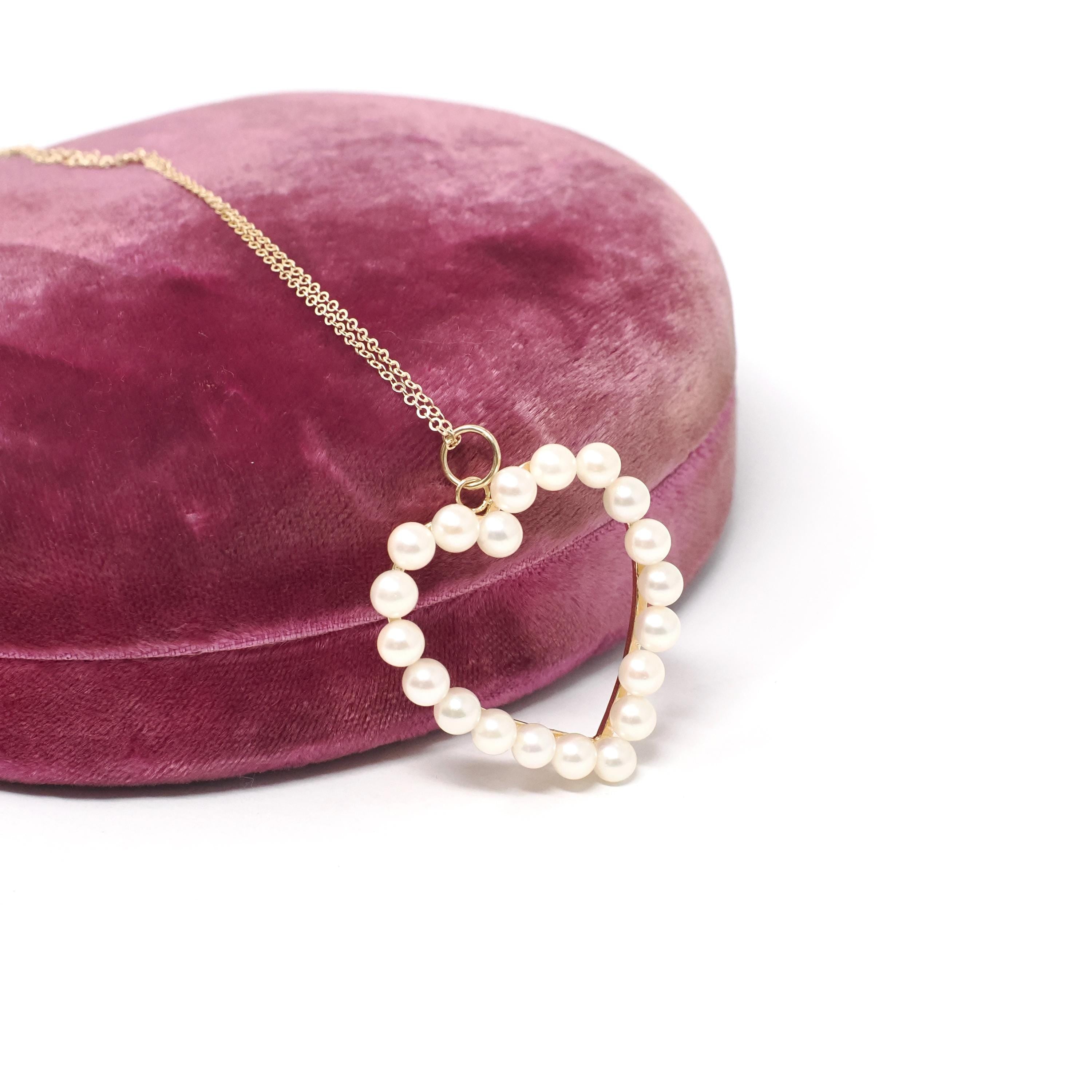 Vintage Heart Necklace - Retro Era 14k Yellow Gold White Cultured Pearl Gemstones Halo Pendant Charm - Circa 1960s Love Fine 60s Jewelry