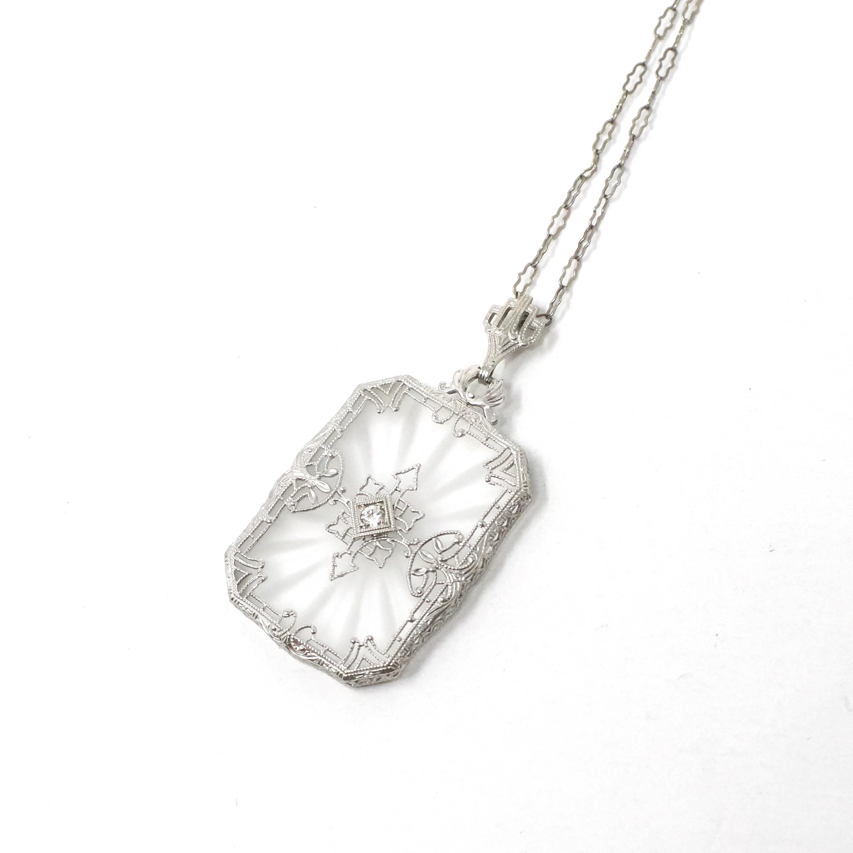 Rock Crystal Quartz Necklace - Art Deco 14k White Gold Natural Diamond Pendant Original Chain - Circa 1930s Statement Filigree Fine Jewelry