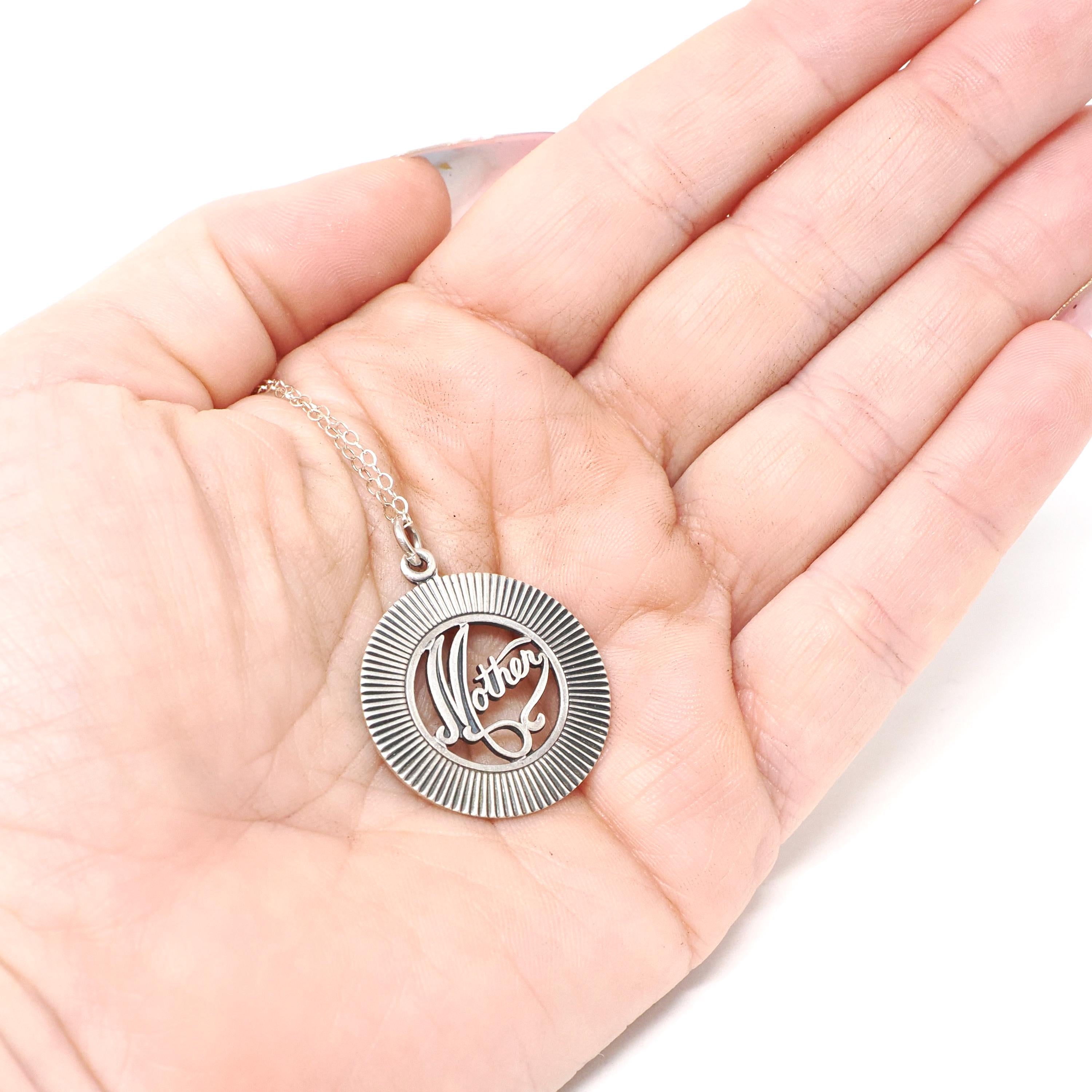 Vintage Mother Necklace - Retro Sterling Silver Round Medallion Charm Pendant - Circa 1970s Era Mom Love Token Mothers Day Gift Jewelry