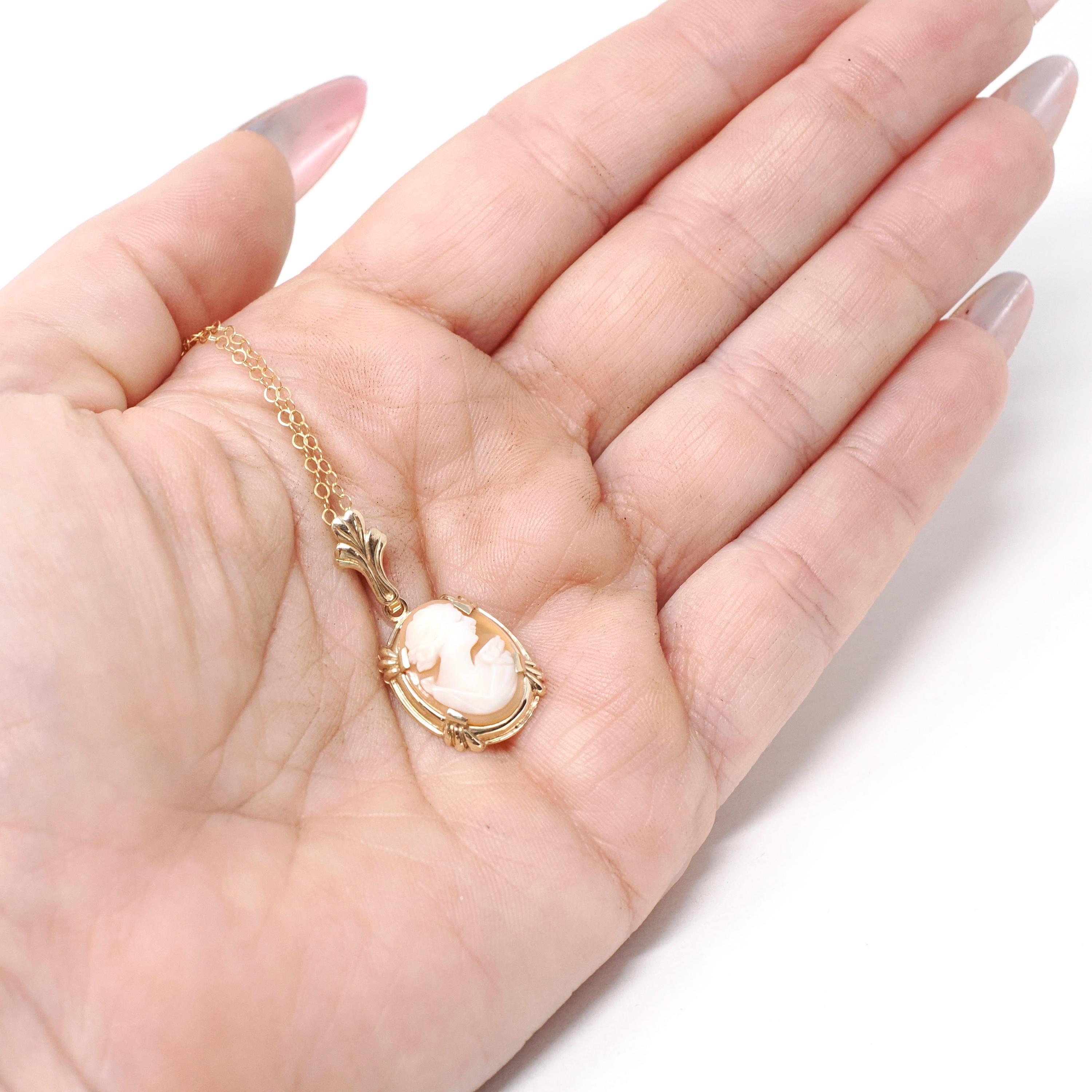 Vintage Cameo Necklace - Retro 10k Yellow Gold Oval Carved Shell Flower Pendant Charm - Circa 1940s Era Statement Fine Esemco 40s Jewelry