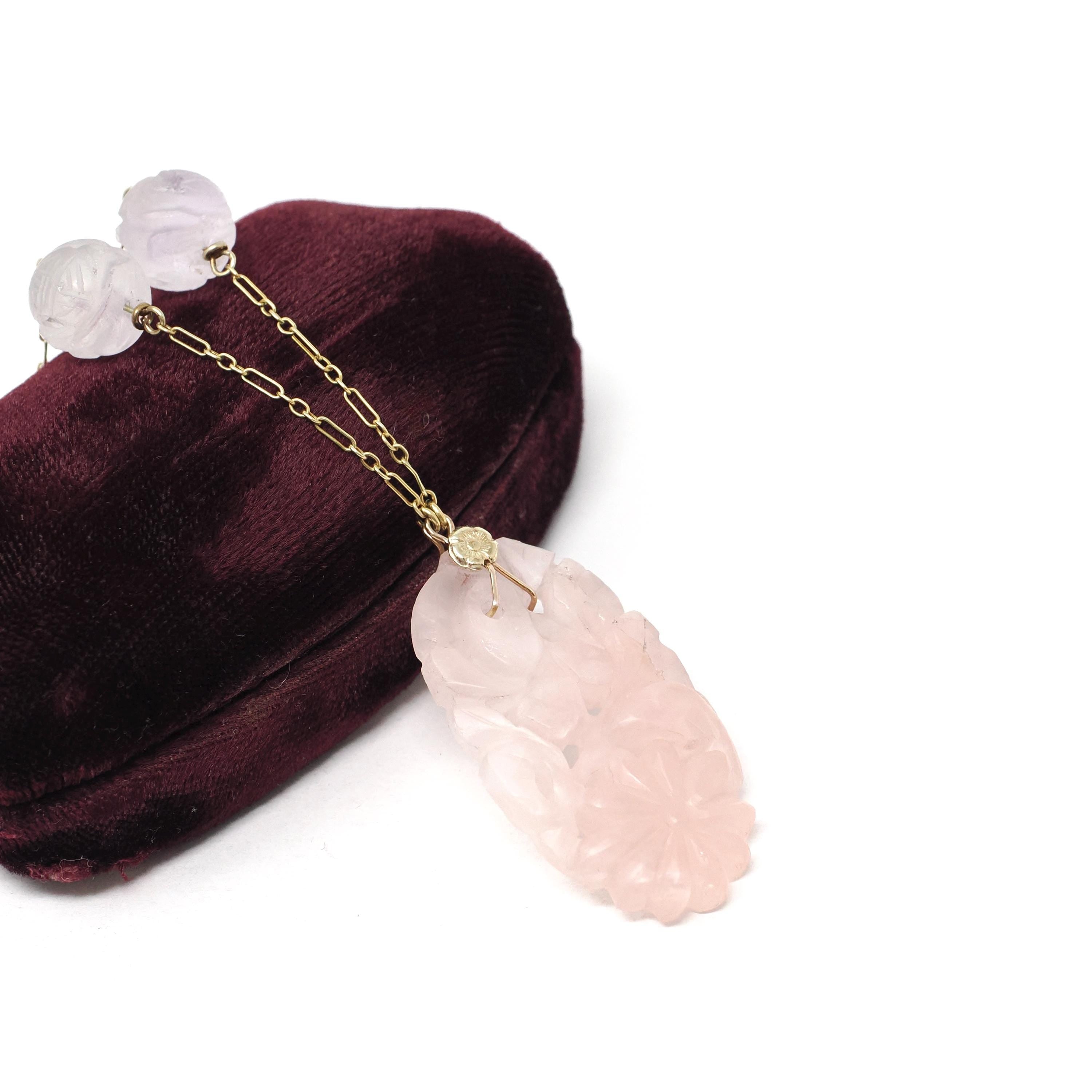 Carved Rose Quartz Necklace - Vintage Art Deco 14k Yellow Gold Natural Pink Gemstones - Circa 1930s Era Statement Beaded Flower Fine Jewelry