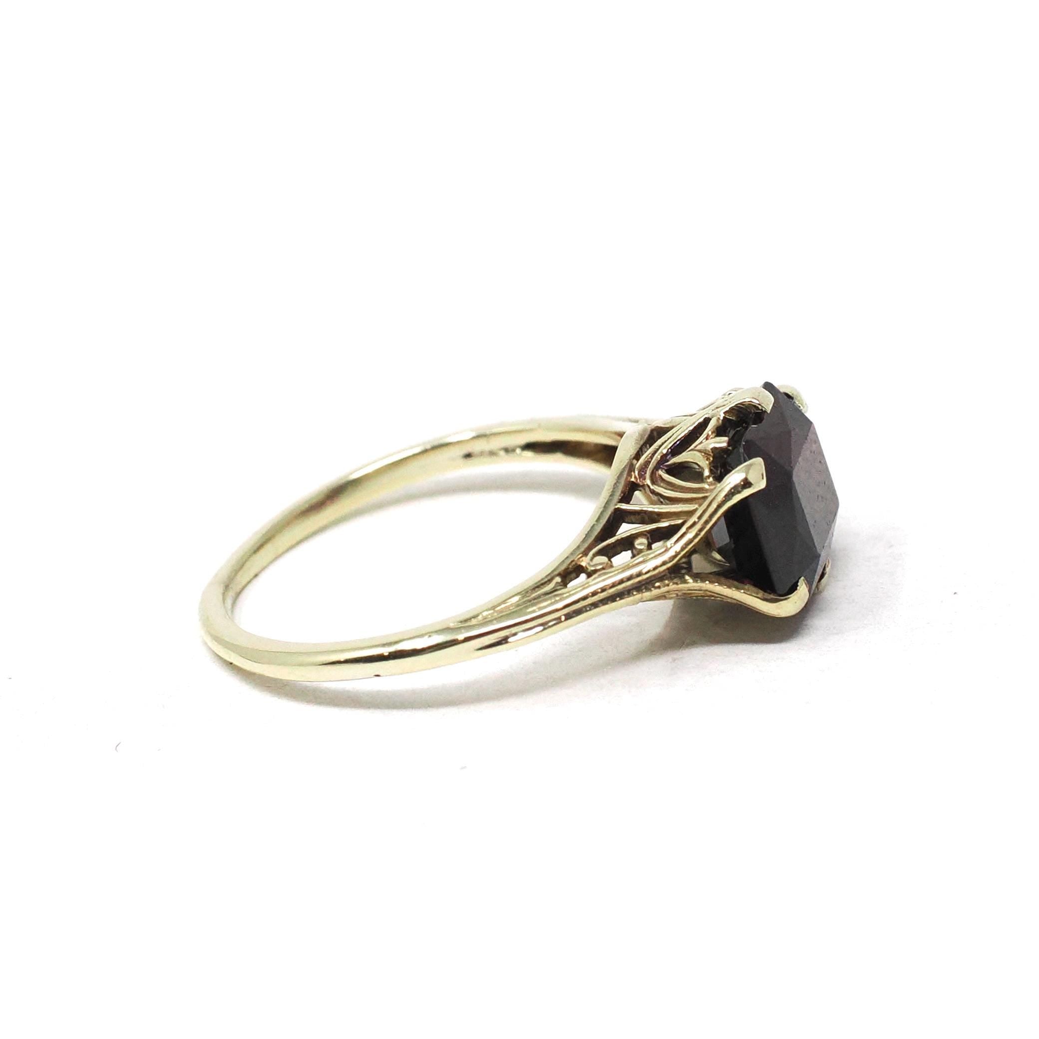 Antique Garnet Ring - Edwardian 14k Yellow Gold Natural Dark Red Gemstone - Circa 1900s Size 4 3/4 January Birthstone Filigree Fine Jewelry