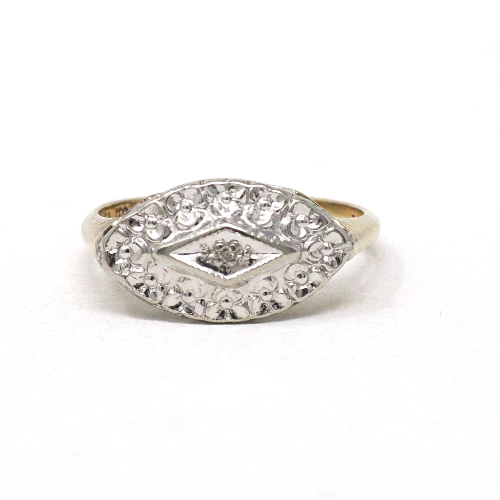 Vintage Princess Ring - Retro 10k Yellow & White Gold Natural Diamond .005 CT Gem - Circa 1940s Era Size 6 3/4 Anniversary Promise Jewelry