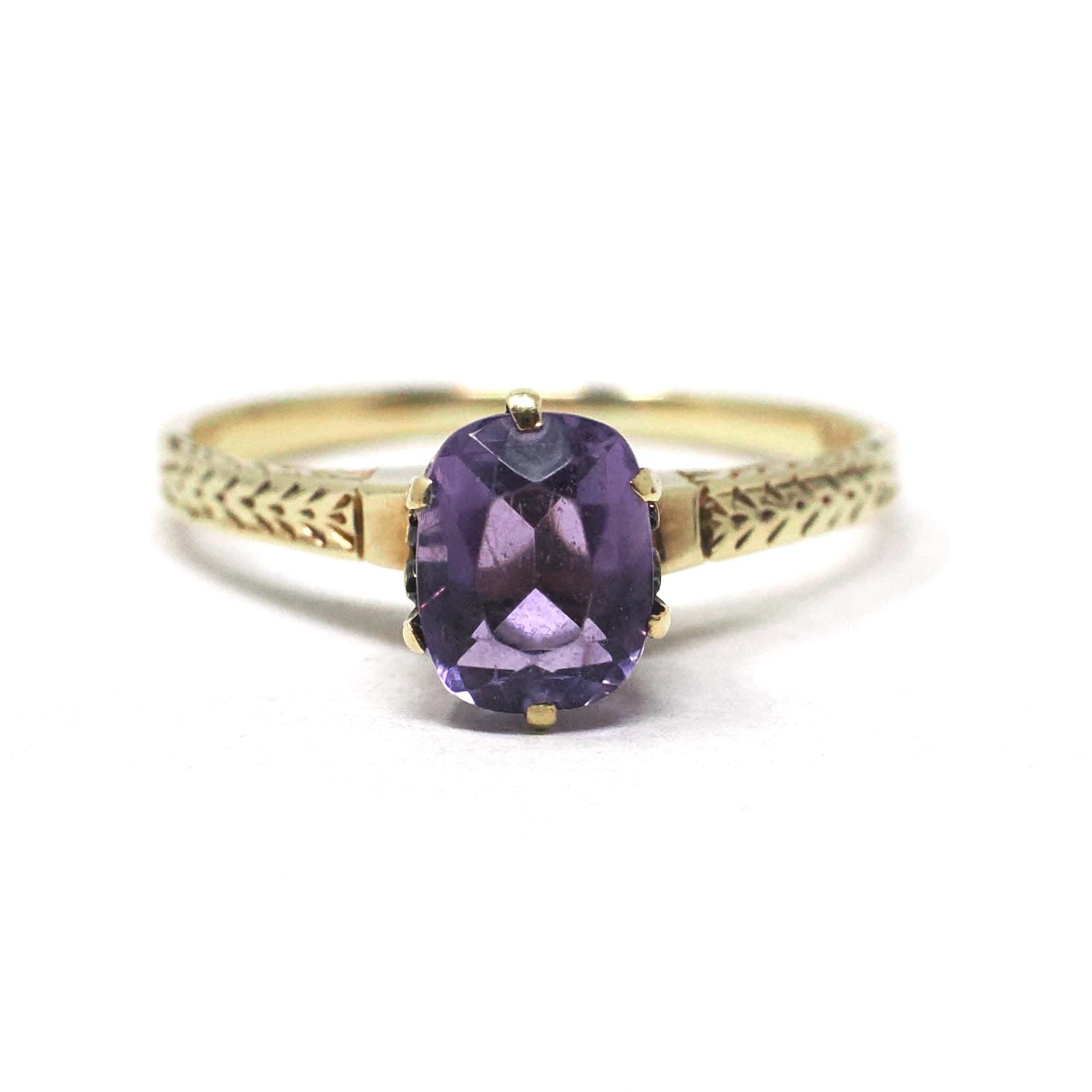 Art Deco Amethyst Ring - Vintage 14k Yellow Gold Natural Purple Gemstone Solitaire - Antique Circa 1920s Size 5 Wheat Designs Fine Jewelry