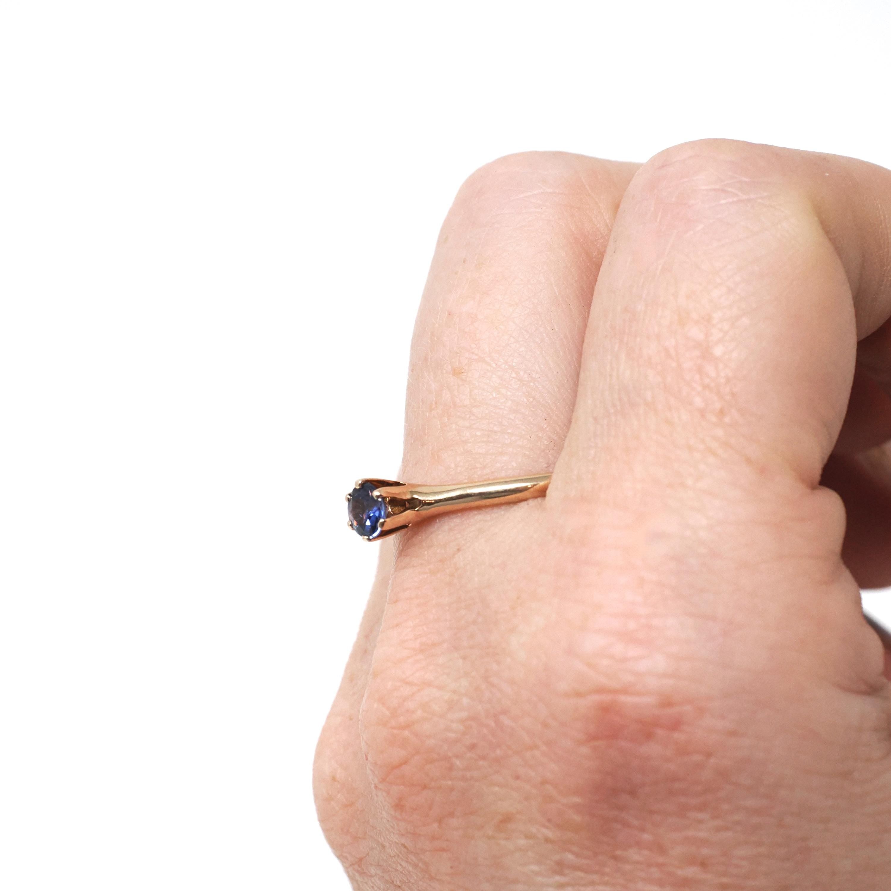 Antique Solitaire Ring - Edwardian 10k Gold Created Indigo Blue Sapphire - Circa 1910s Size 8 Ostby & Barton Fine Engagement Bridal Jewelry