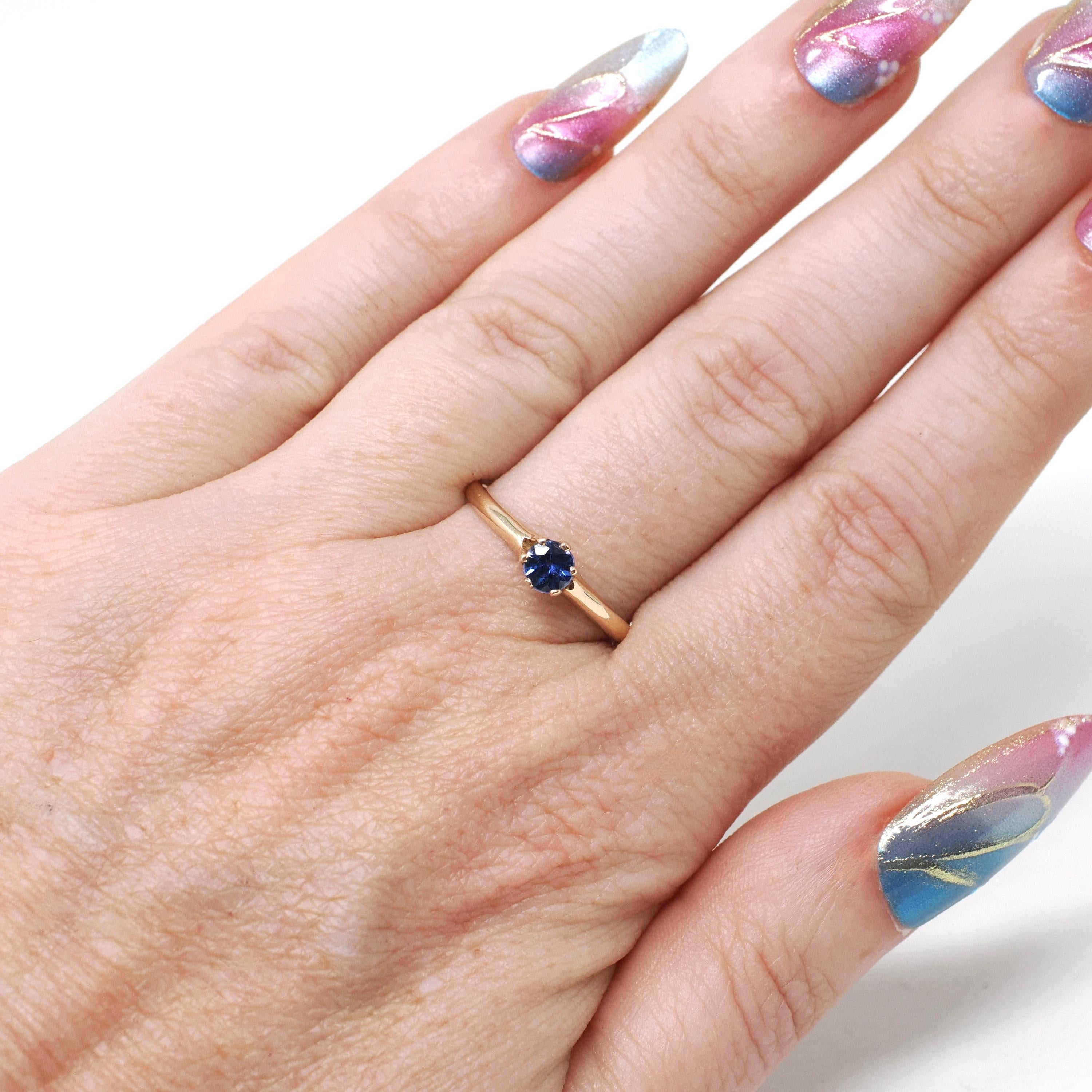 Antique Solitaire Ring - Edwardian 10k Gold Created Indigo Blue Sapphire - Circa 1910s Size 8 Ostby & Barton Fine Engagement Bridal Jewelry