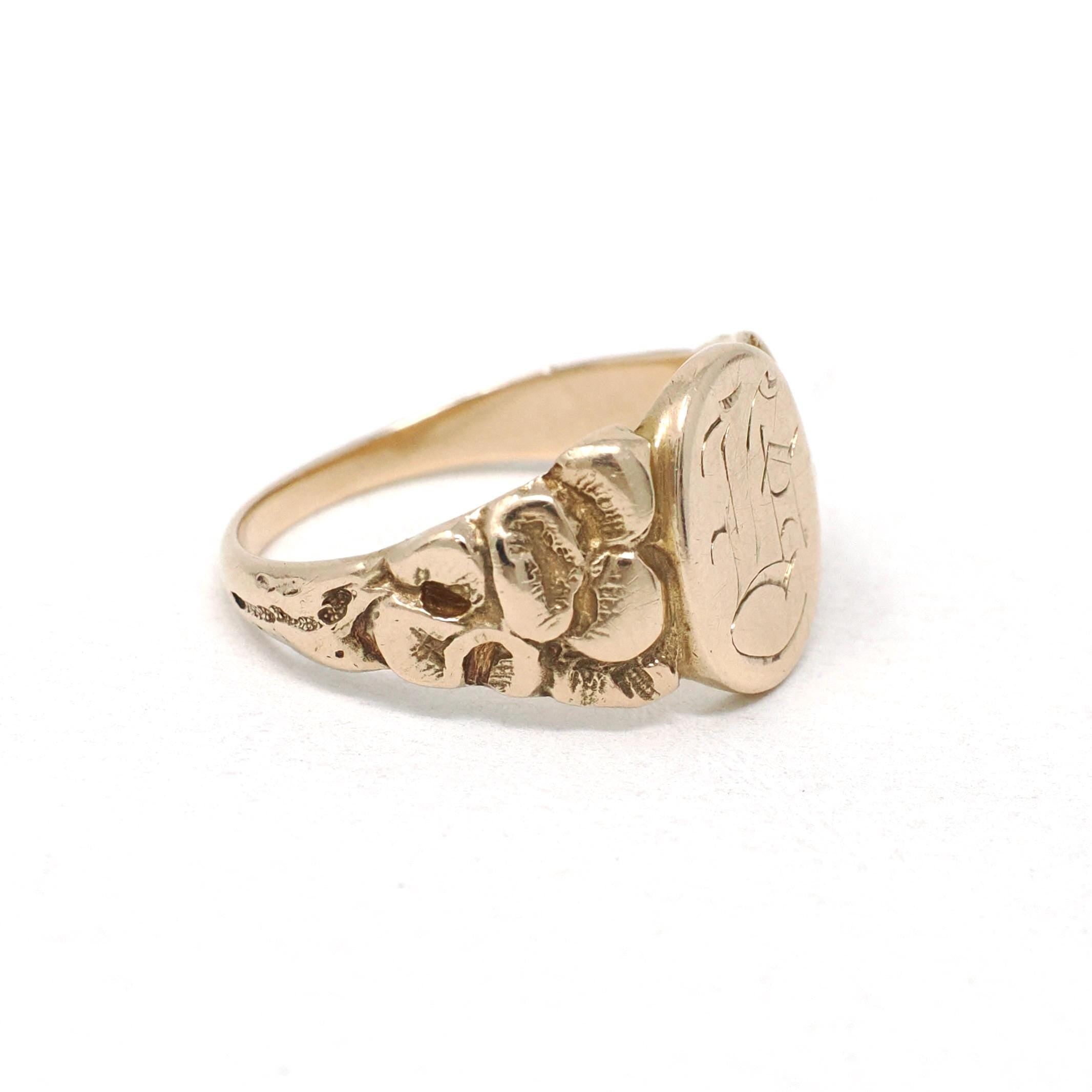 Edwardian Signet Ring - Antique 10k Yellow Gold Old English Initial "L" Engraved - Circa 1910's Era Size 6 3/4 Fine Flower Repousse Jewelry