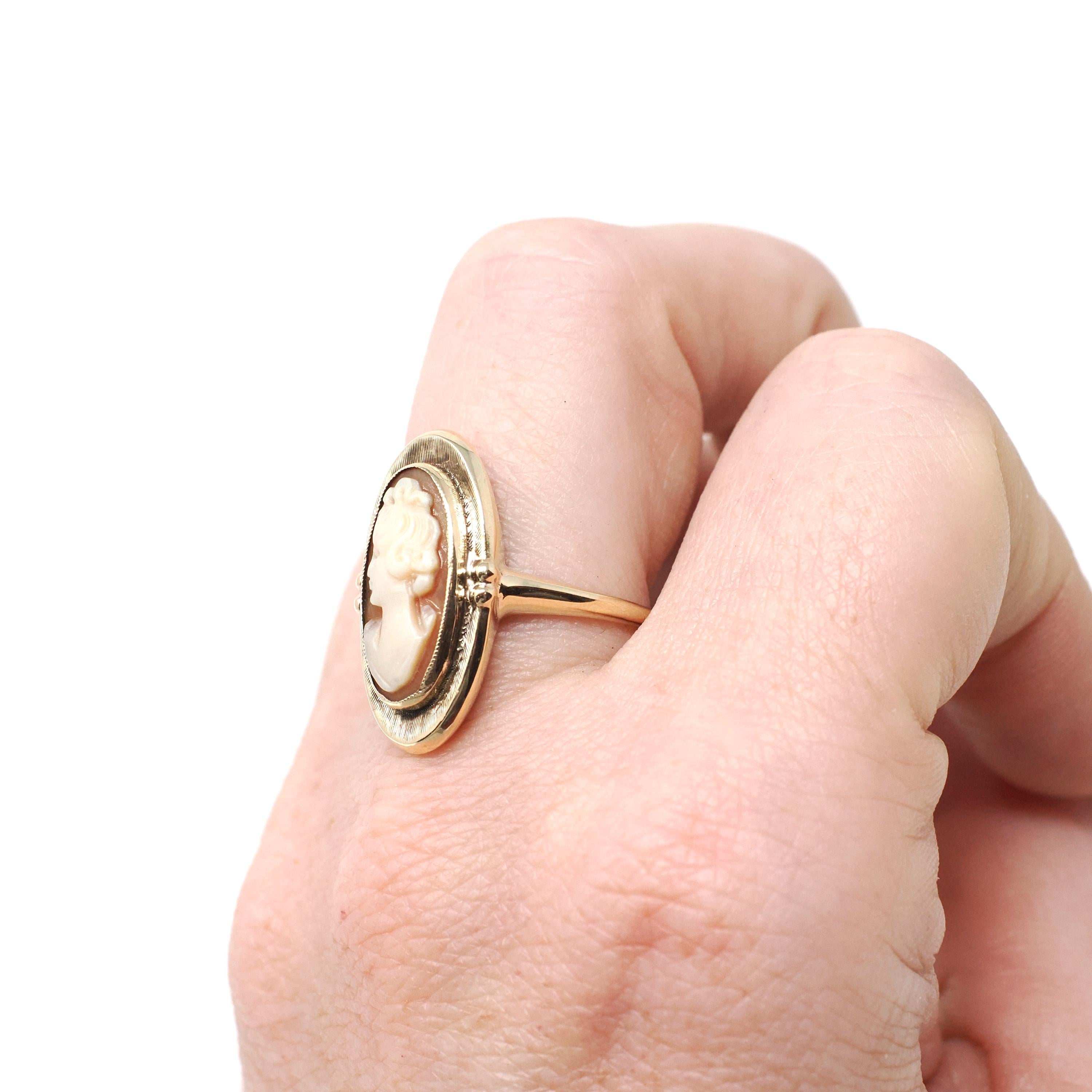 Vintage Cameo Ring - Retro 10k Yellow Gold Carved Oval Shell Woman's Profile Silhouette - Circa 1960s Era Size 7 1/2 Statement Fine Jewelry