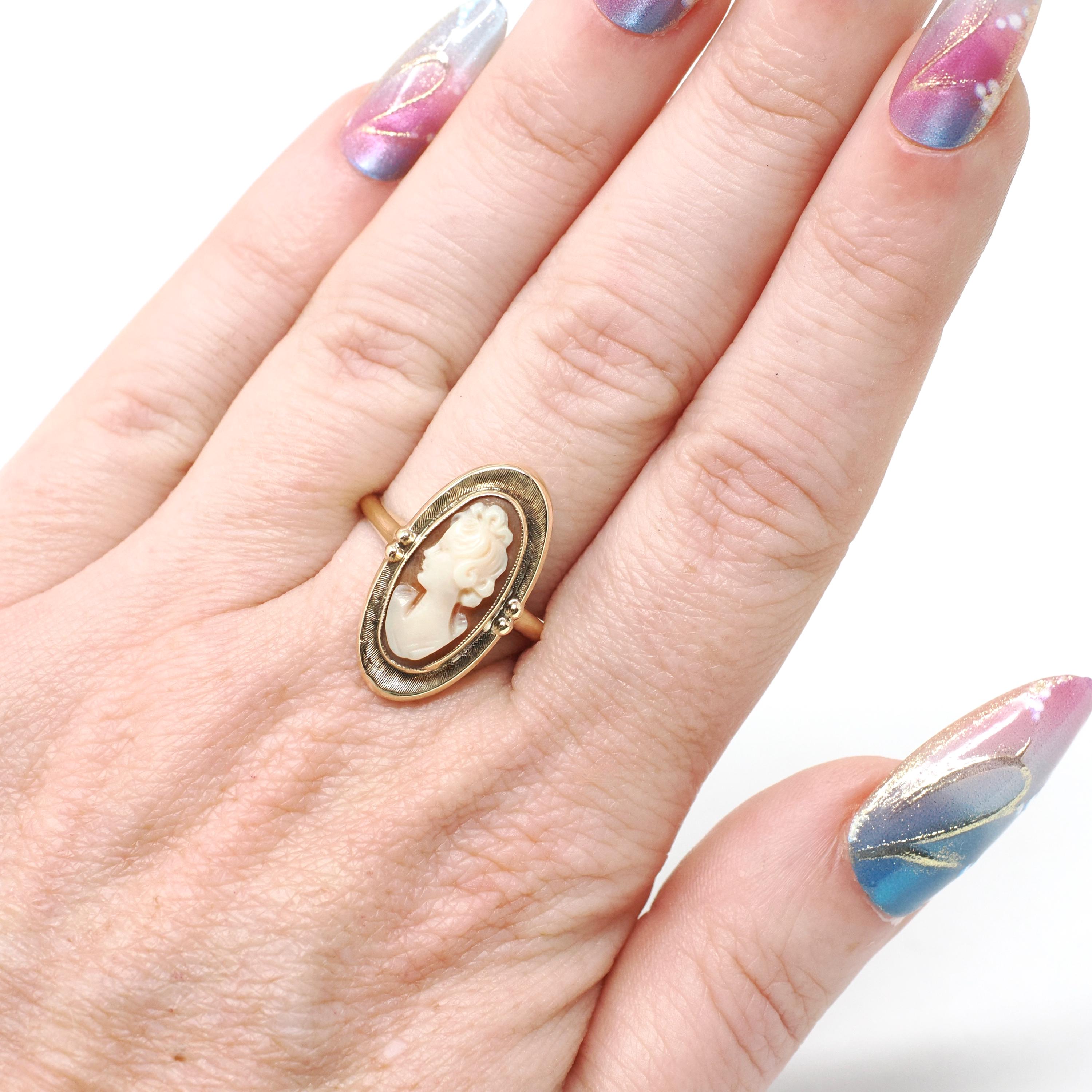 Vintage Cameo Ring - Retro 10k Yellow Gold Carved Oval Shell Woman's Profile Silhouette - Circa 1960s Era Size 7 1/2 Statement Fine Jewelry