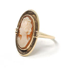 Vintage Cameo Ring - Retro 10k Yellow Gold Carved Oval Shell Woman's Profile Silhouette - Circa 1960s Era Size 7 1/2 Statement Fine Jewelry