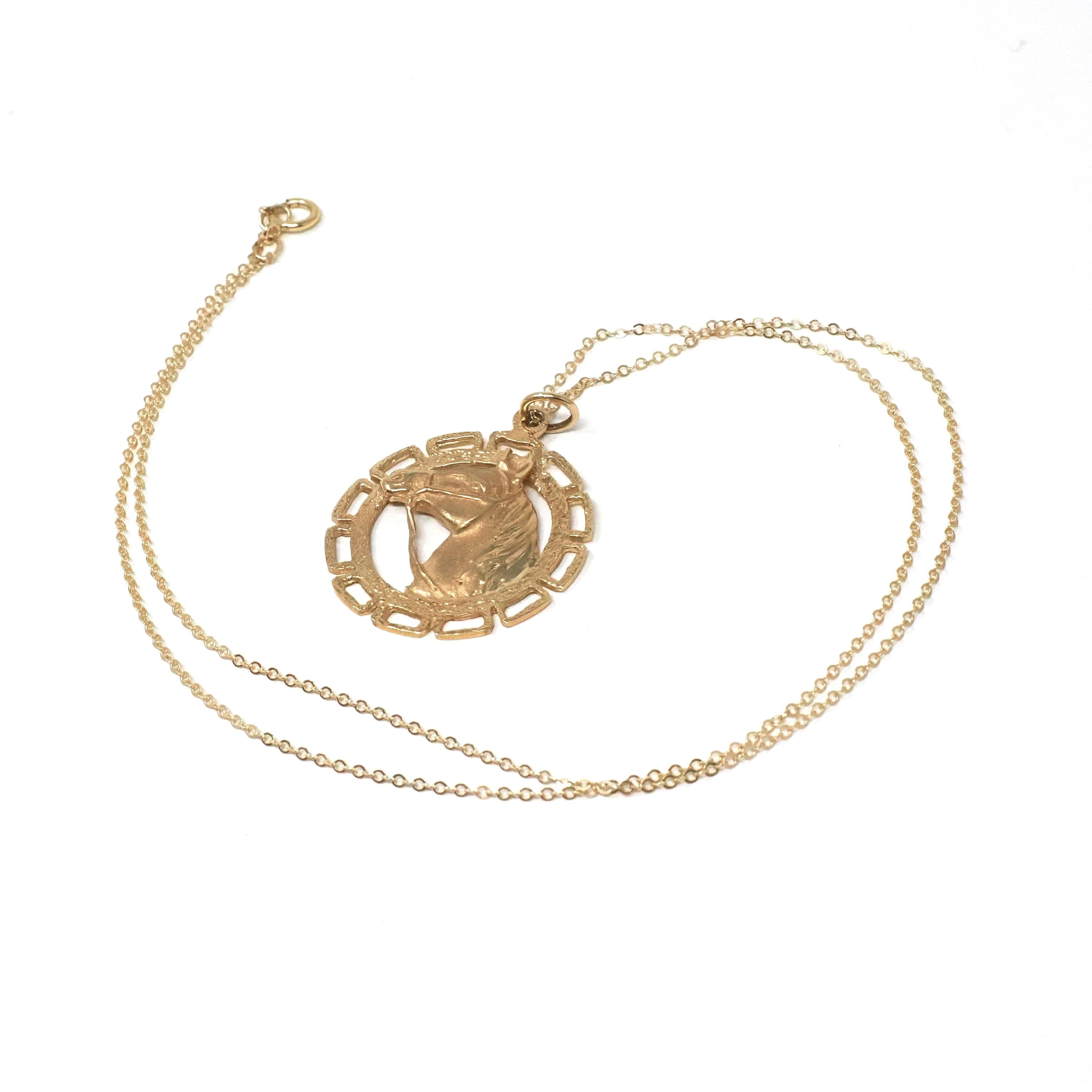 Vintage Horse Charm - Retro 14k Yellow Gold Figural Circular Detailed Equestrian Pendant - Circa 1970s Era Necklace Fine Statement Jewelry