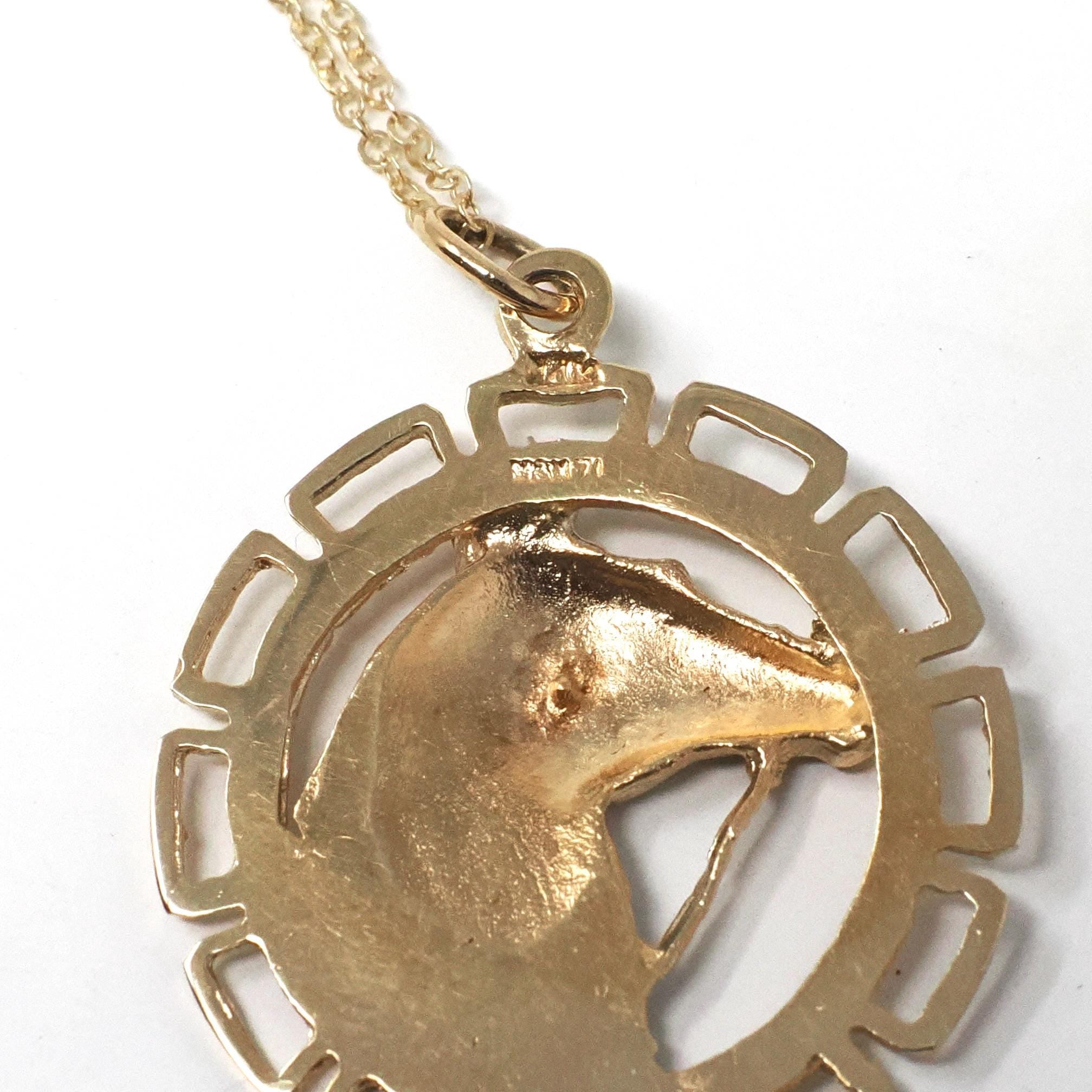 Vintage Horse Charm - Retro 14k Yellow Gold Figural Circular Detailed Equestrian Pendant - Circa 1970s Era Necklace Fine Statement Jewelry