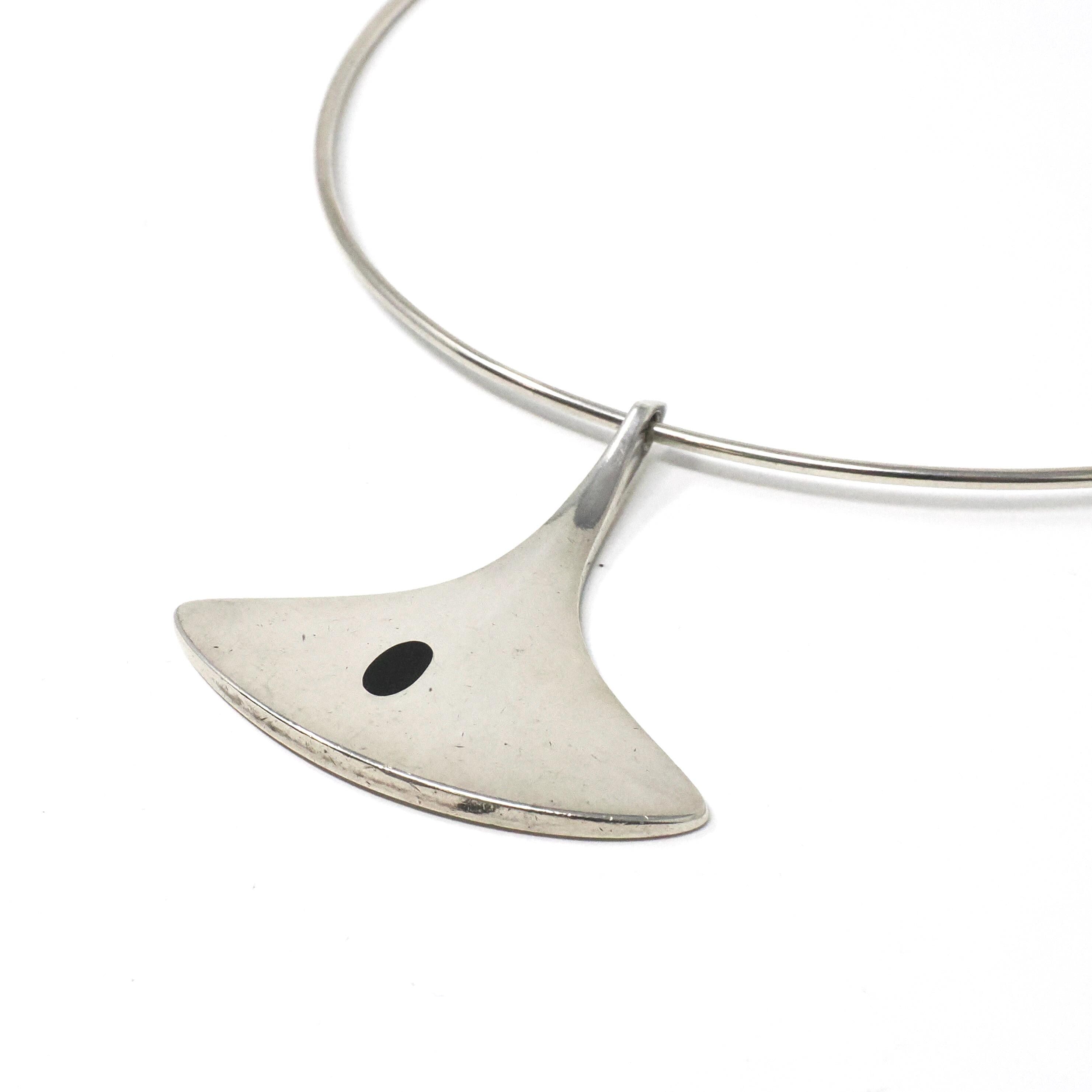 Hans Hansen Jewelry Set - Mid Century Modernist Sterling Silver Black Enamel Necklace Pendant #323 & Cuff Bracelet - Circa 1960s Era Jewelry