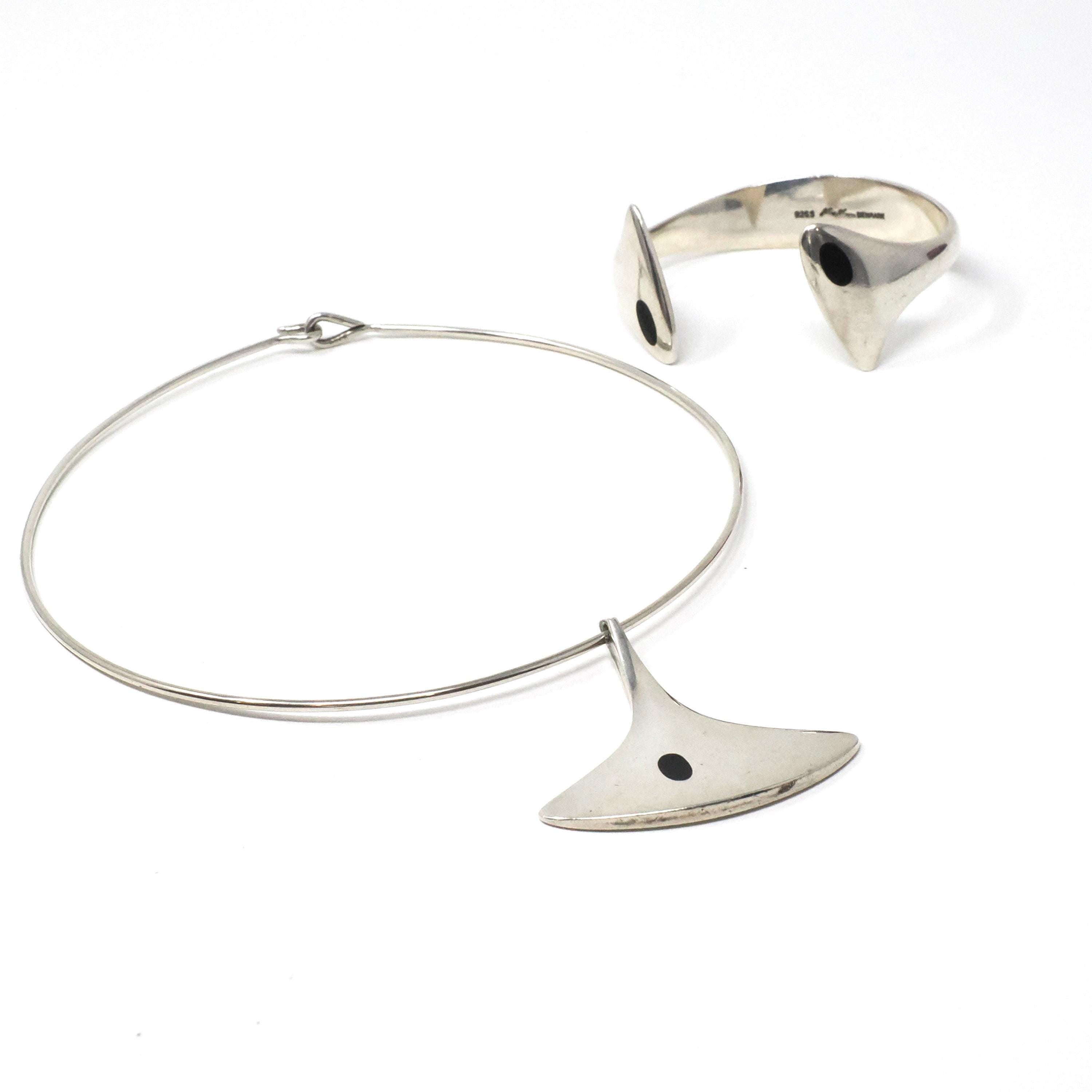 Hans Hansen Jewelry Set - Mid Century Modernist Sterling Silver Black Enamel Necklace Pendant #323 & Cuff Bracelet - Circa 1960s Era Jewelry