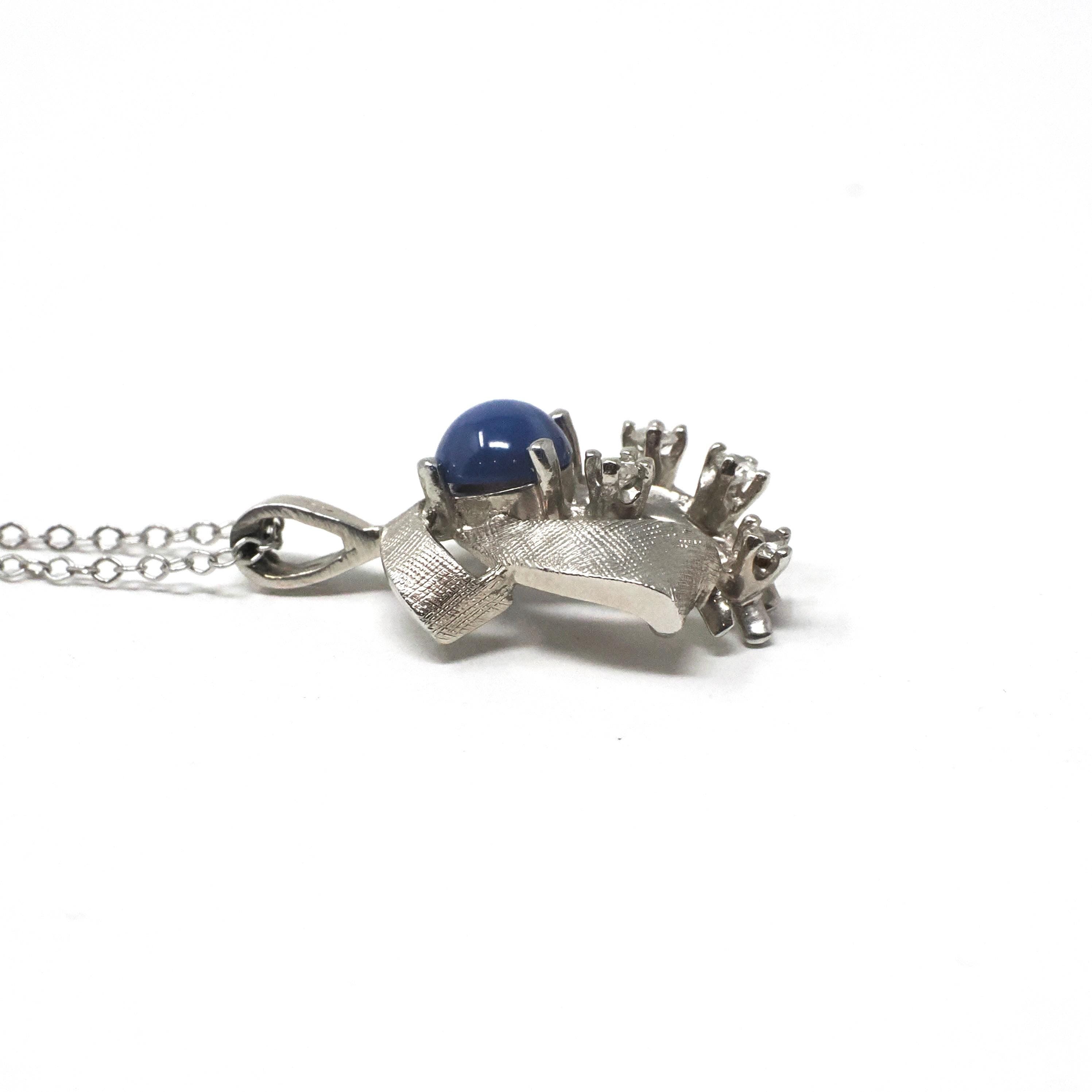 Created Star Sapphire Necklace - Retro Era 14k White Gold Round Blue Cabochon & Diamond Accent Pendant - Circa 1970s Fine Birthstone Jewelry