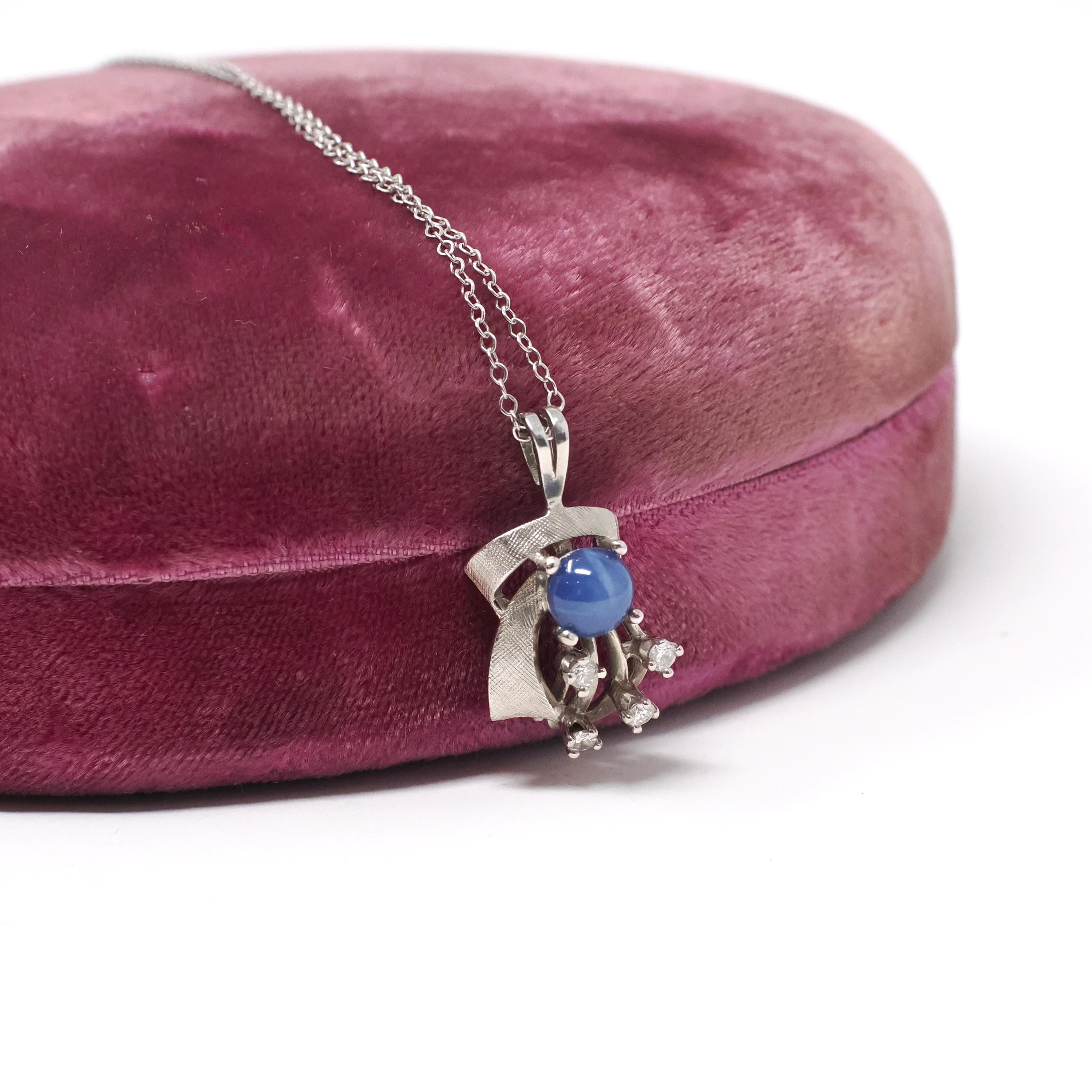 Created Star Sapphire Necklace - Retro Era 14k White Gold Round Blue Cabochon & Diamond Accent Pendant - Circa 1970s Fine Birthstone Jewelry