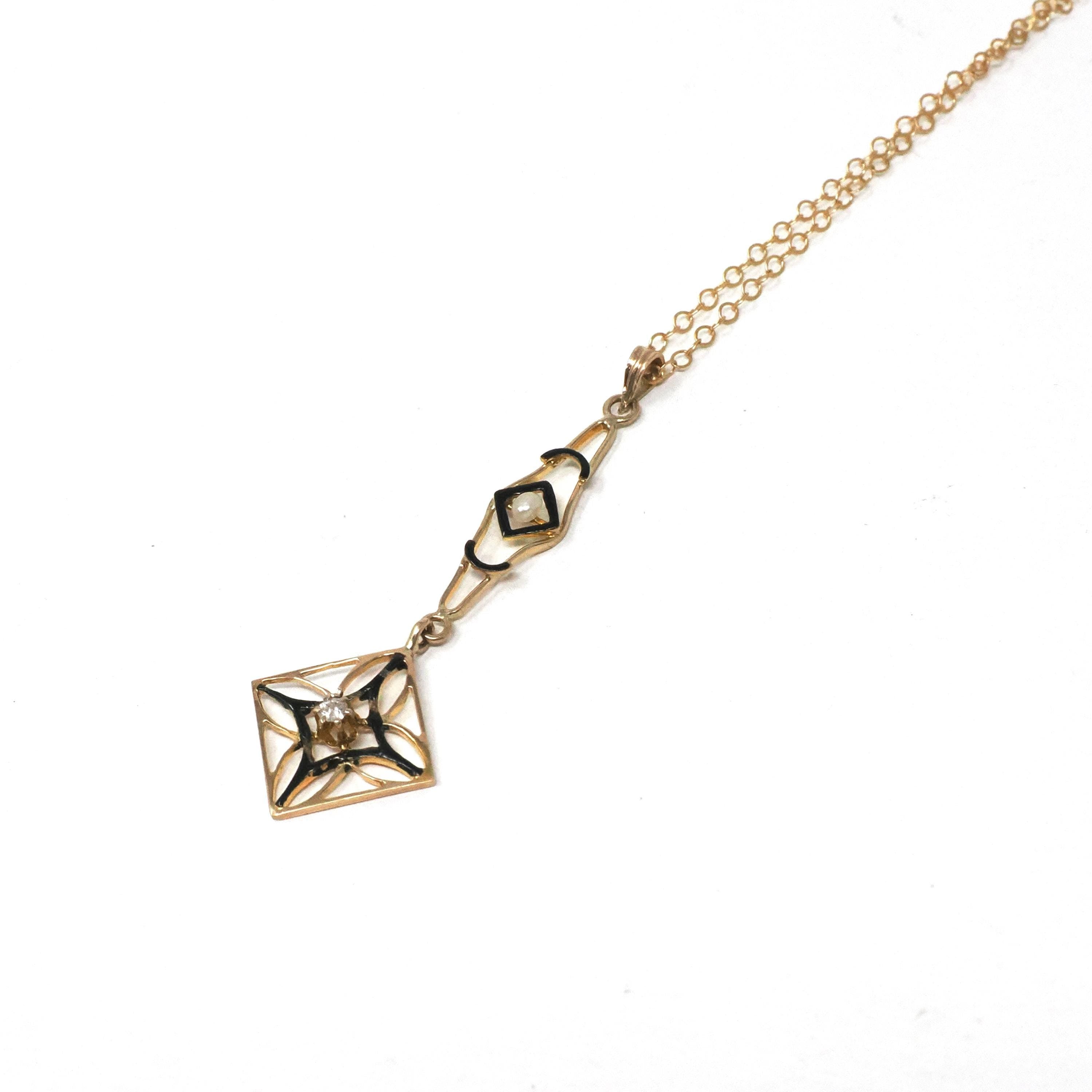 Edwardian Lavalier Pendant - Antique 10k Gold Natural Diamond Black Enamel Charm Necklace - Vintage Circa 1910s Era Open Metal Fine Jewelry