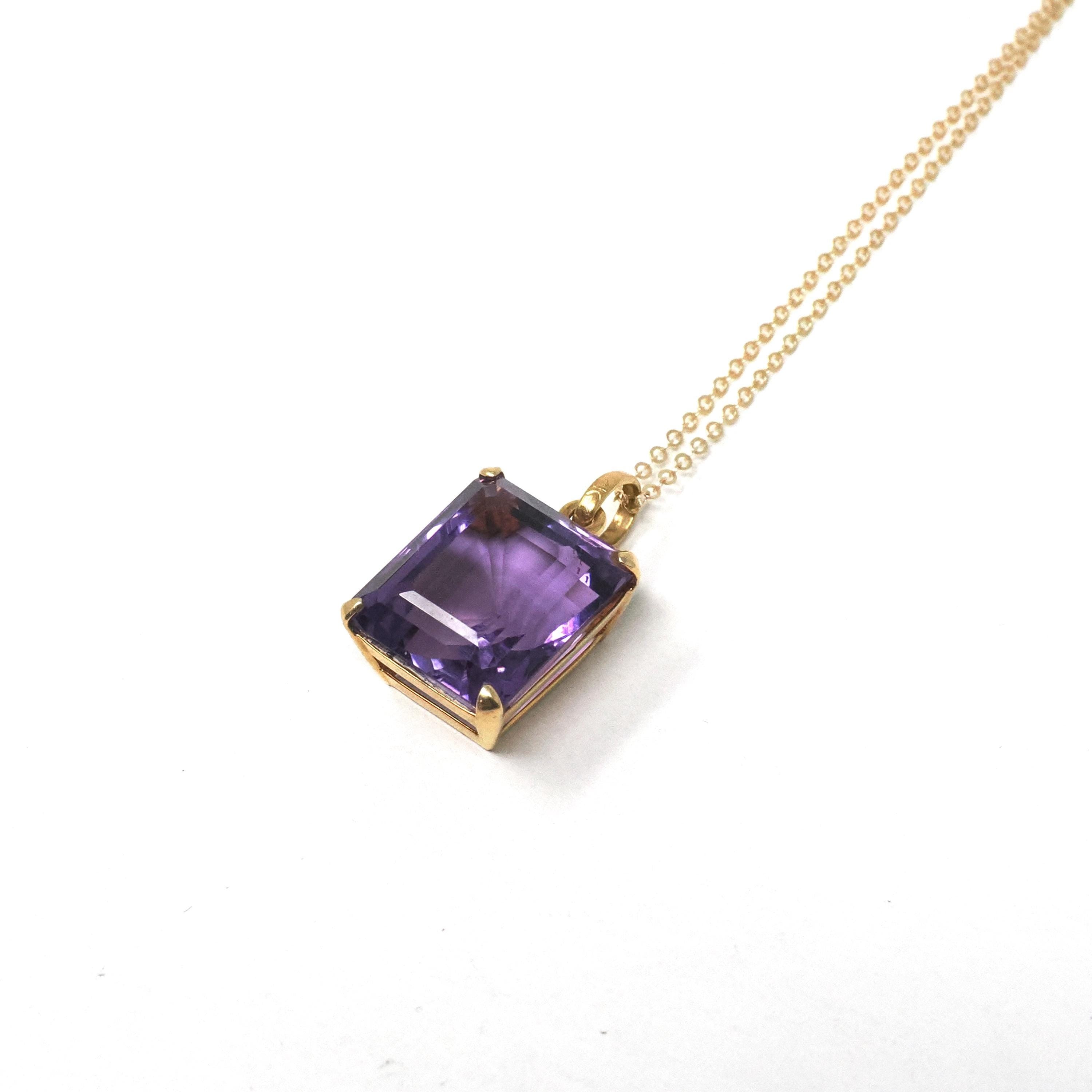 Modern Amethyst Necklace - Estate 14k Yellow Gold Rectangular Cut Purple Pendant Charm - Circa 2000s February Birthstone Y2k Fine Jewelry