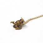 Vintage Owl Pendant - Retro 14k Yellow Gold Figural Avian Charm Necklace - Circa 1960s Red Created Ruby Eyes Fine Dainty Bird Fine Jewelry