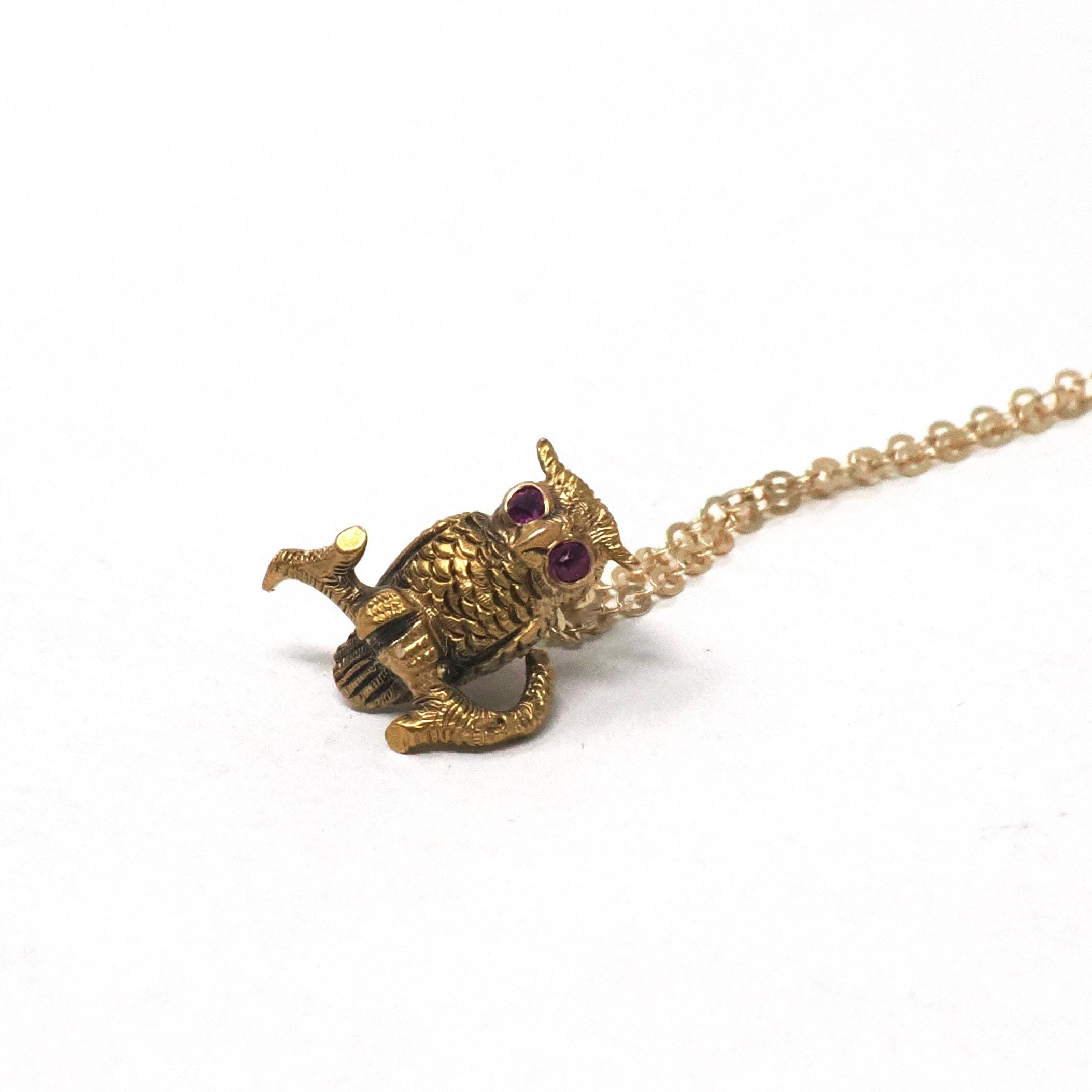 Vintage Owl Pendant - Retro 14k Yellow Gold Figural Avian Charm Necklace - Circa 1960s Red Created Ruby Eyes Fine Dainty Bird Fine Jewelry