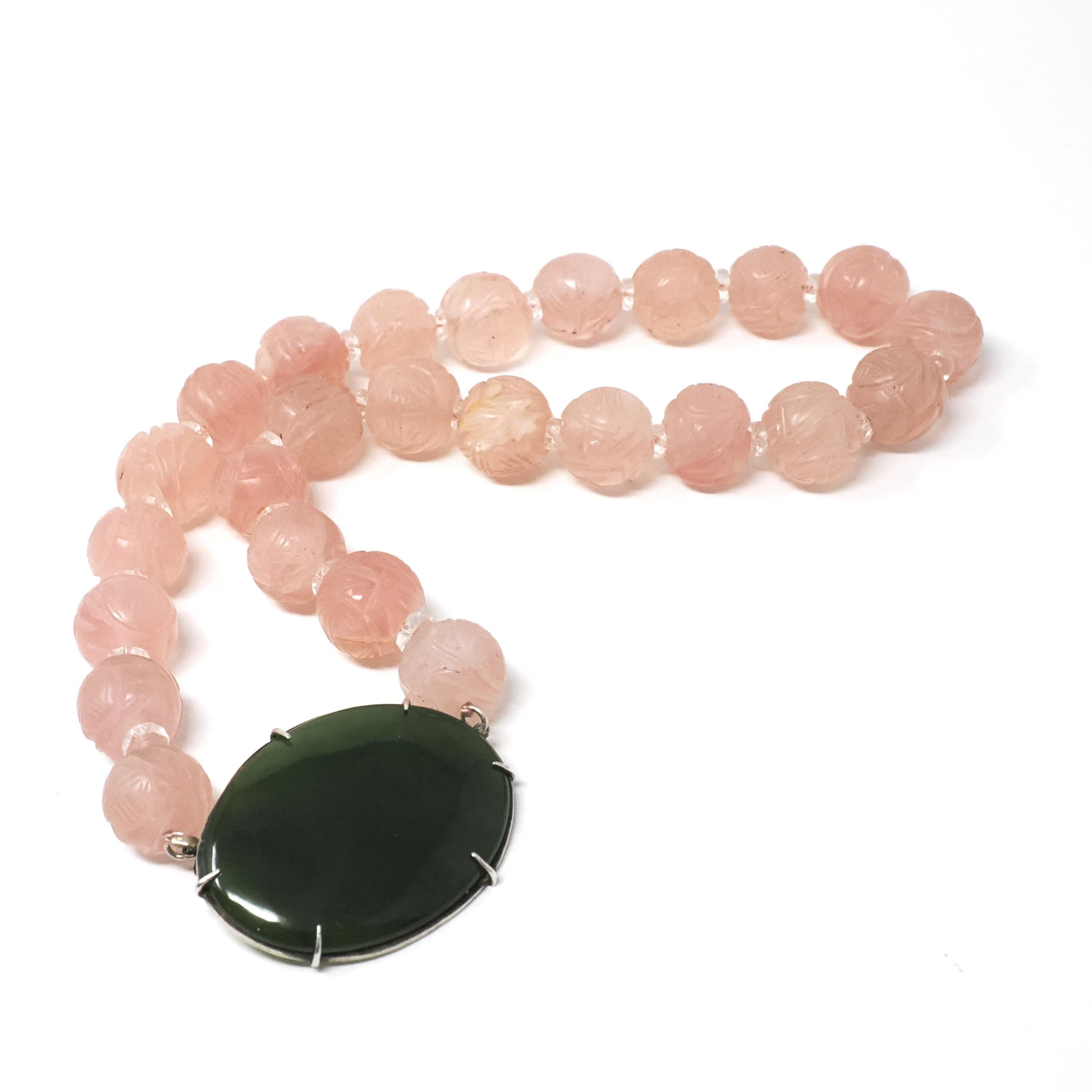 Nephrite and Rose Quartz Necklace - Art Deco Sterling Silver Cabochon Pendant & Carved Bead Strand - Circa 1930s Fashion Accessory Jewelry