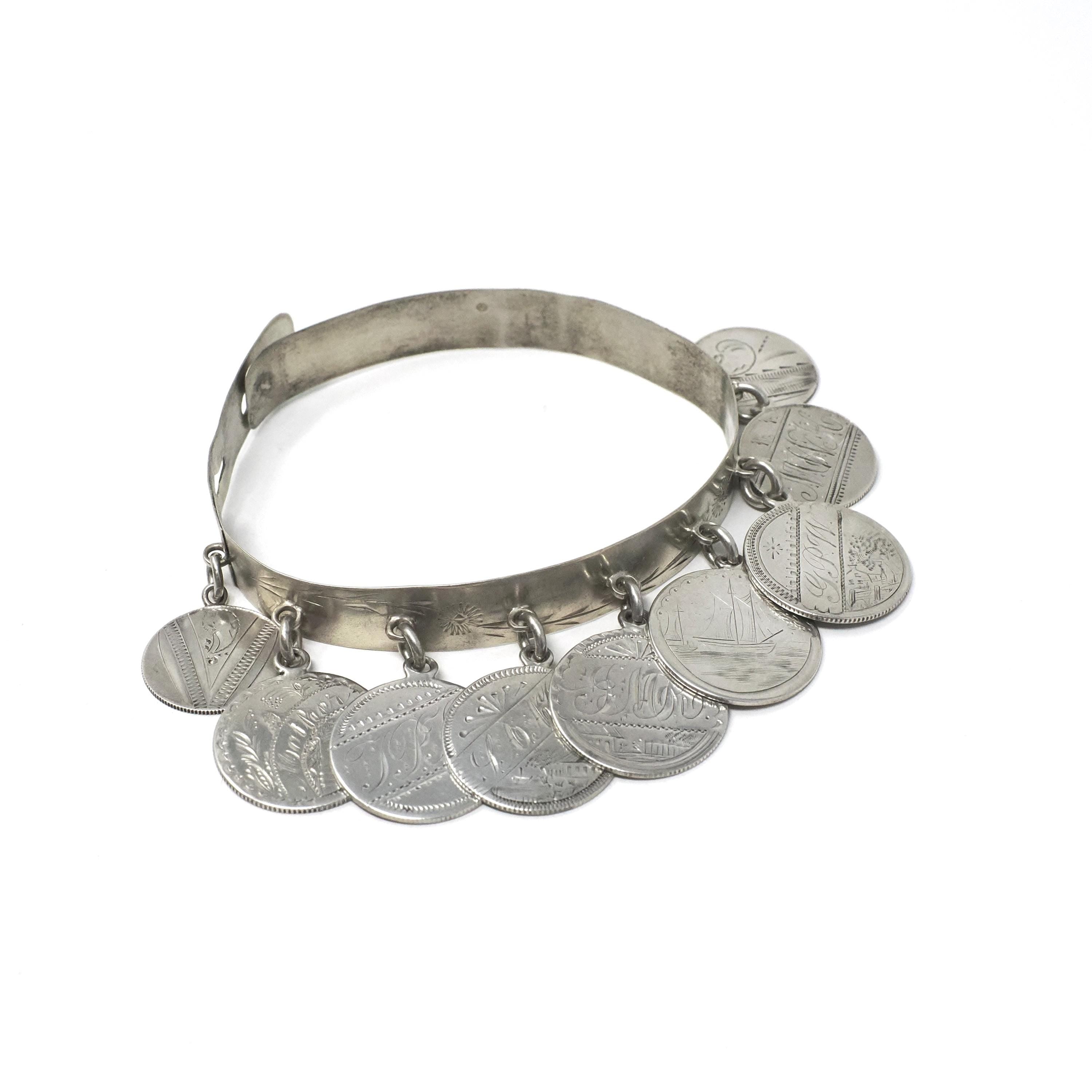 Victorian Love Token Charm Bracelet - Antique Silver Engraved Coin Bangle - Vintage Late 1800s Era Dangling Adjustable Keepsake Name Jewelry