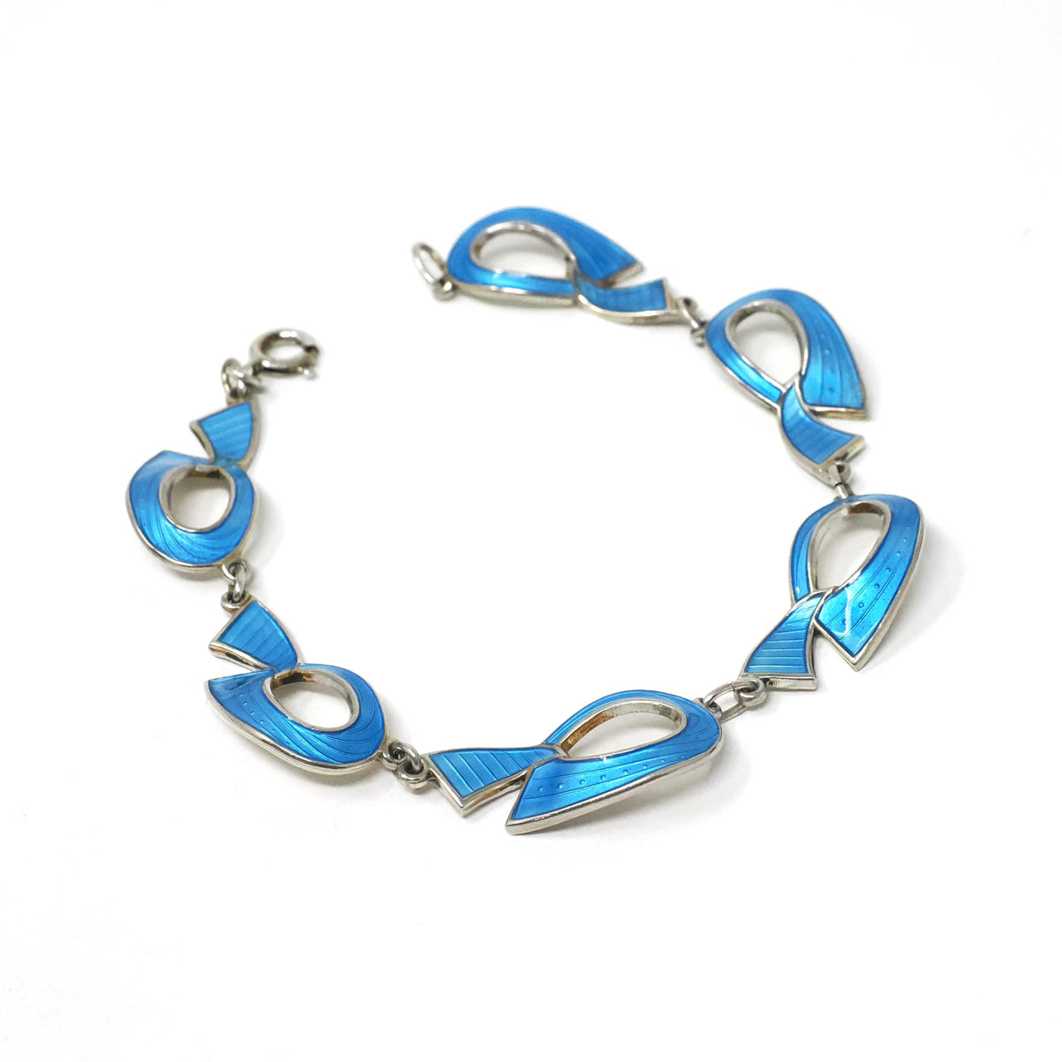 Mid Century Bracelet - Vintage Sterling Silver Light Blue Enamel Freeform Panels - Circa 1960s Era Knot Charms Spring Clasp Fine 60s Jewelry