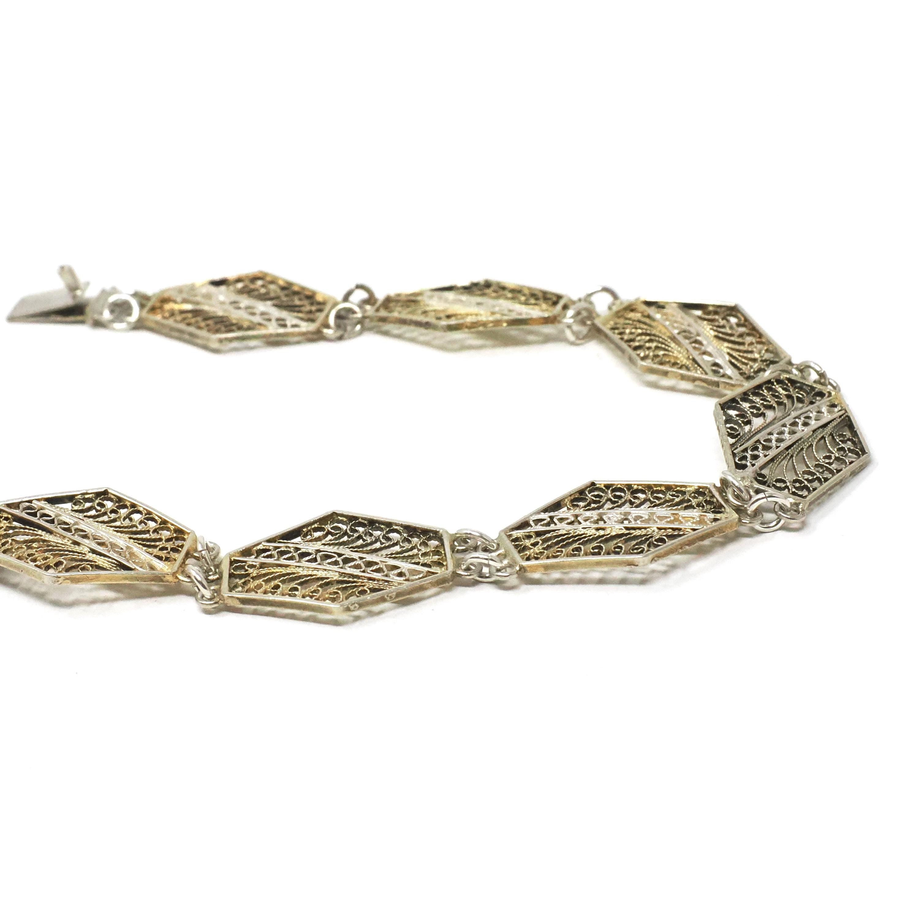 Vintage Filigree Bracelet - Mid Century Cannetille 800 Silver & Gold Wash Hexagonal Swirl Panel Links - Circa 1940s Patina Fashion Jewelry