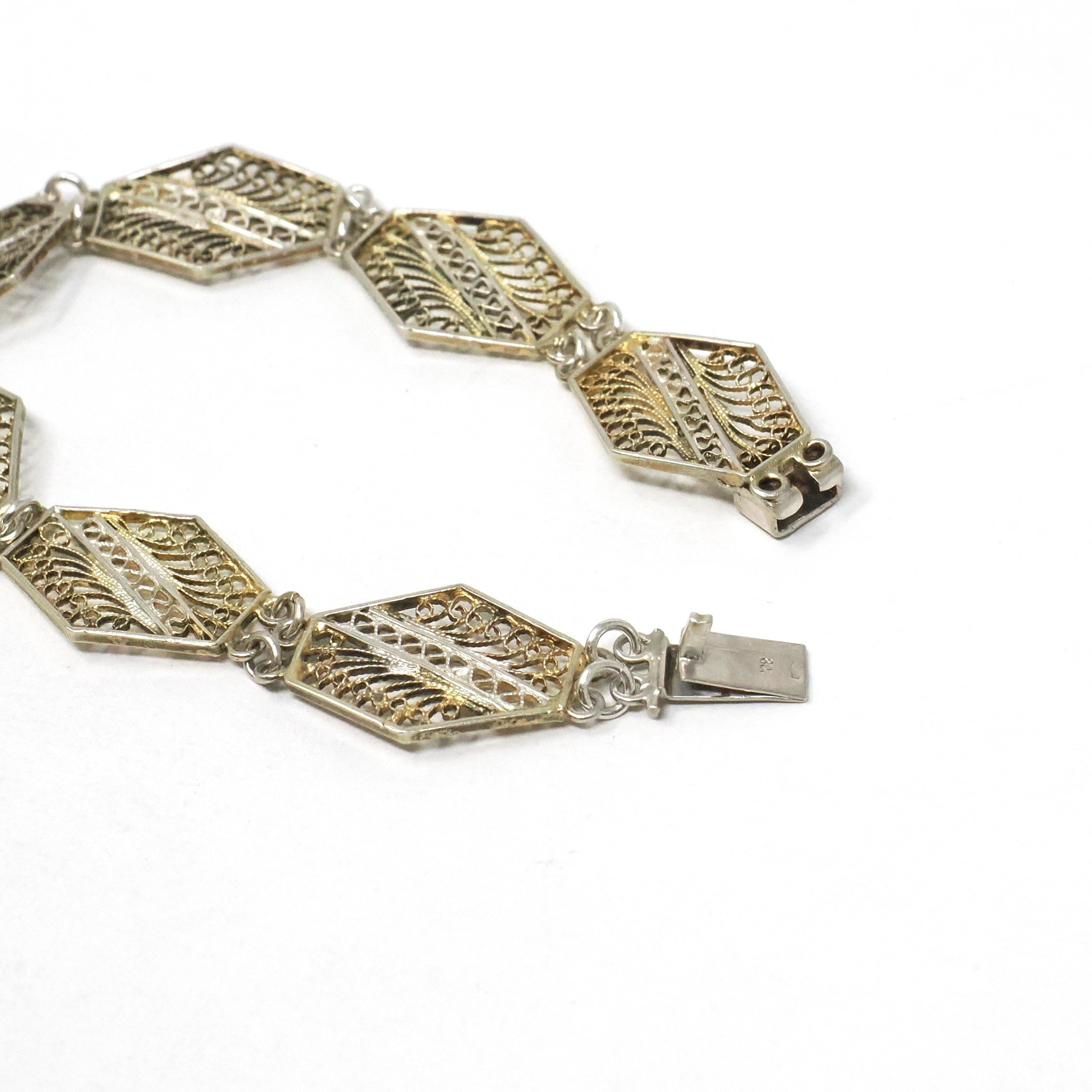 Vintage Filigree Bracelet - Mid Century Cannetille 800 Silver & Gold Wash Hexagonal Swirl Panel Links - Circa 1940s Patina Fashion Jewelry