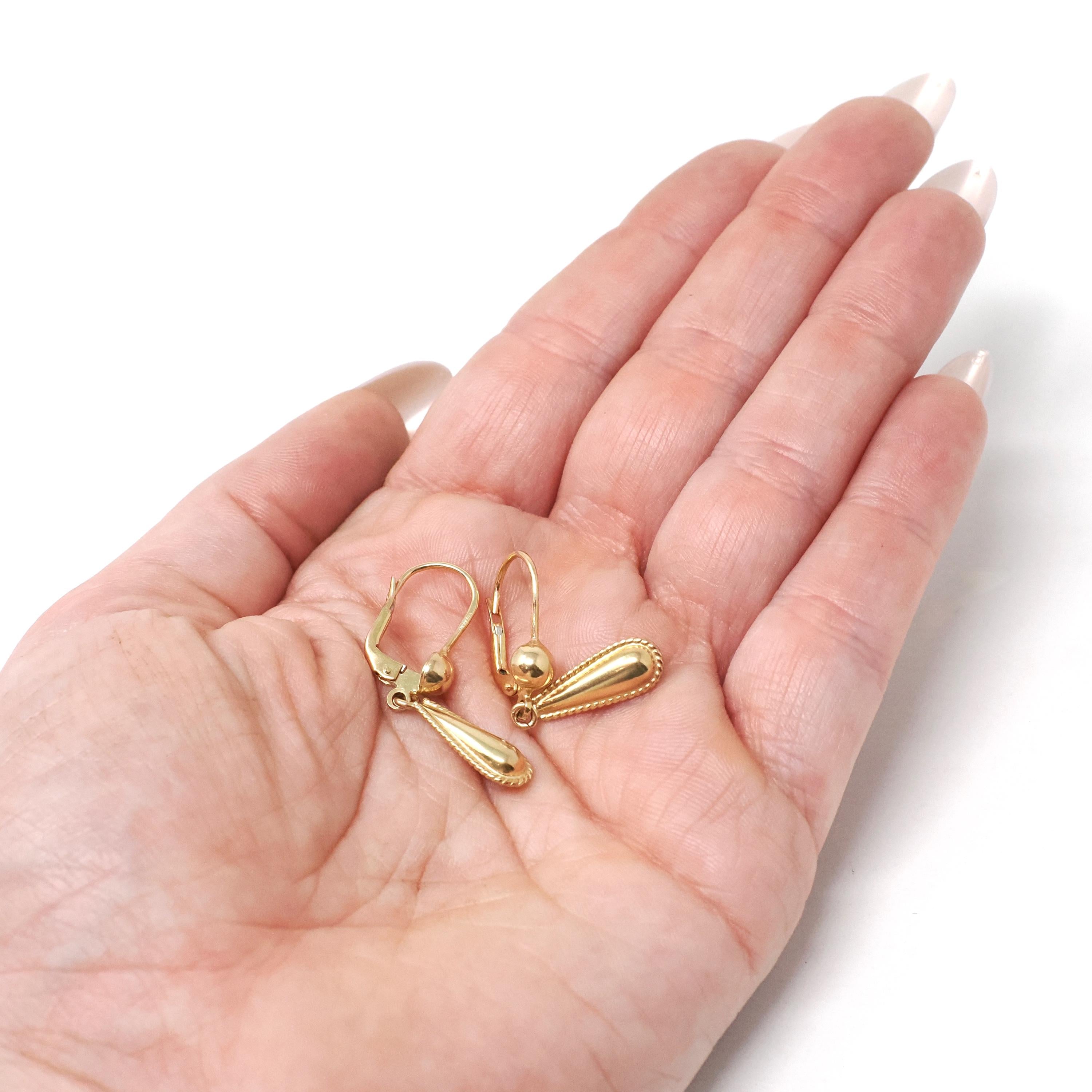 Estate Teardrop Earrings - Modern 14k Yellow Gold Lever Back Dangle Charms - Circa 1990s Era Minimalist Hollow Fine Statement Jewelry