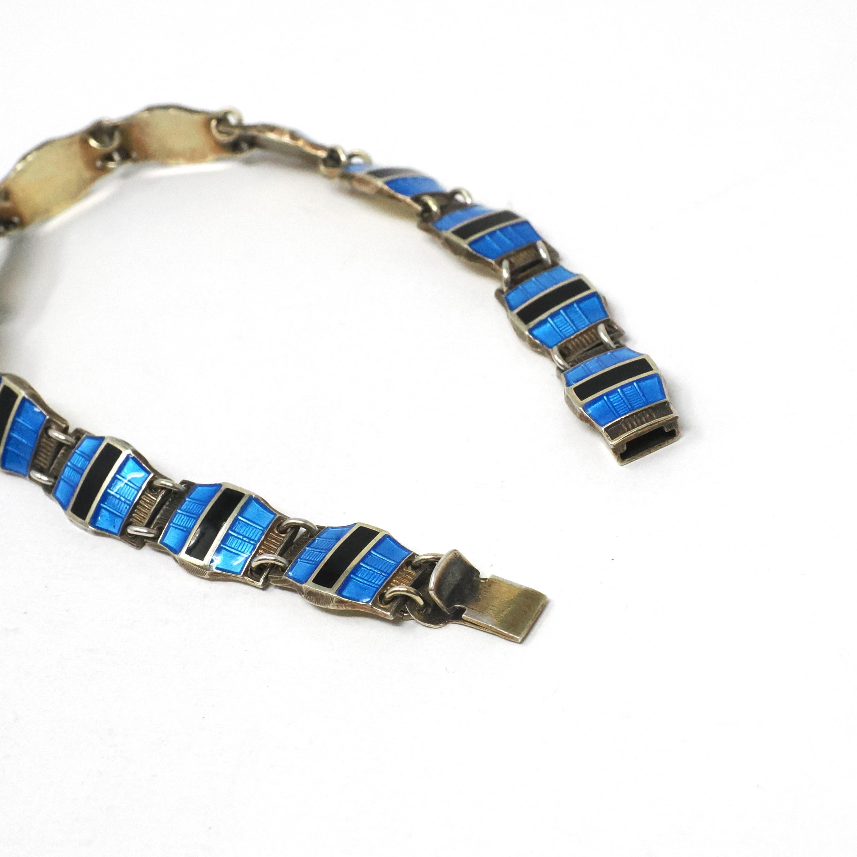 Guilloche Enamel Bracelet - Vintage Sterling Silver Blue & Black Geometric Linear Panels - Circa 1940s Signed Bernard Meldahl Danish Jewelry