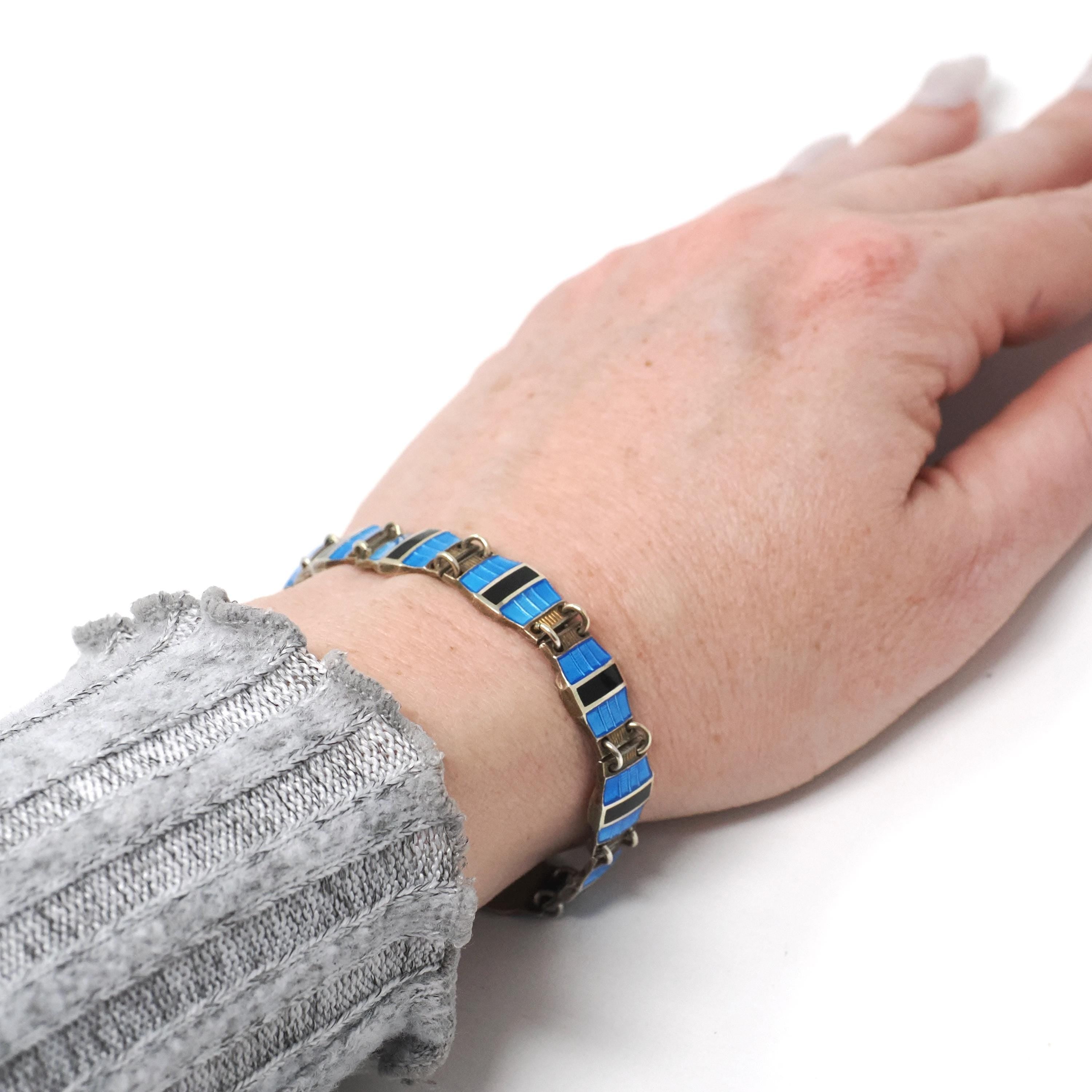 Guilloche Enamel Bracelet - Vintage Sterling Silver Blue & Black Geometric Linear Panels - Circa 1940s Signed Bernard Meldahl Danish Jewelry