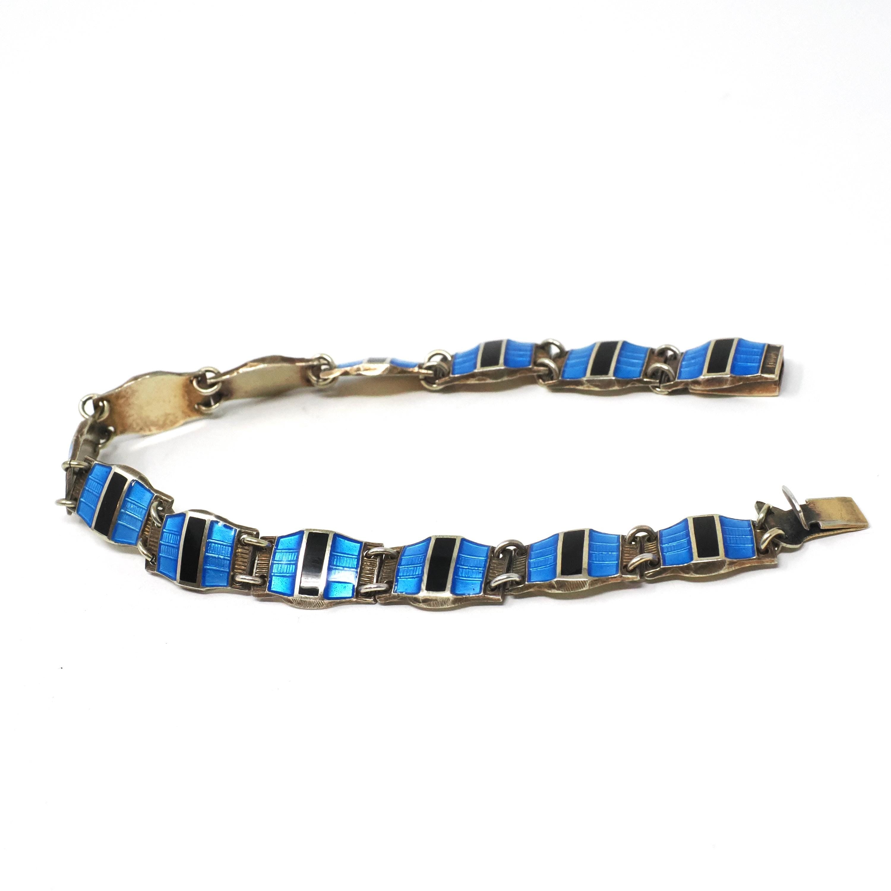 Guilloche Enamel Bracelet - Vintage Sterling Silver Blue & Black Geometric Linear Panels - Circa 1940s Signed Bernard Meldahl Danish Jewelry