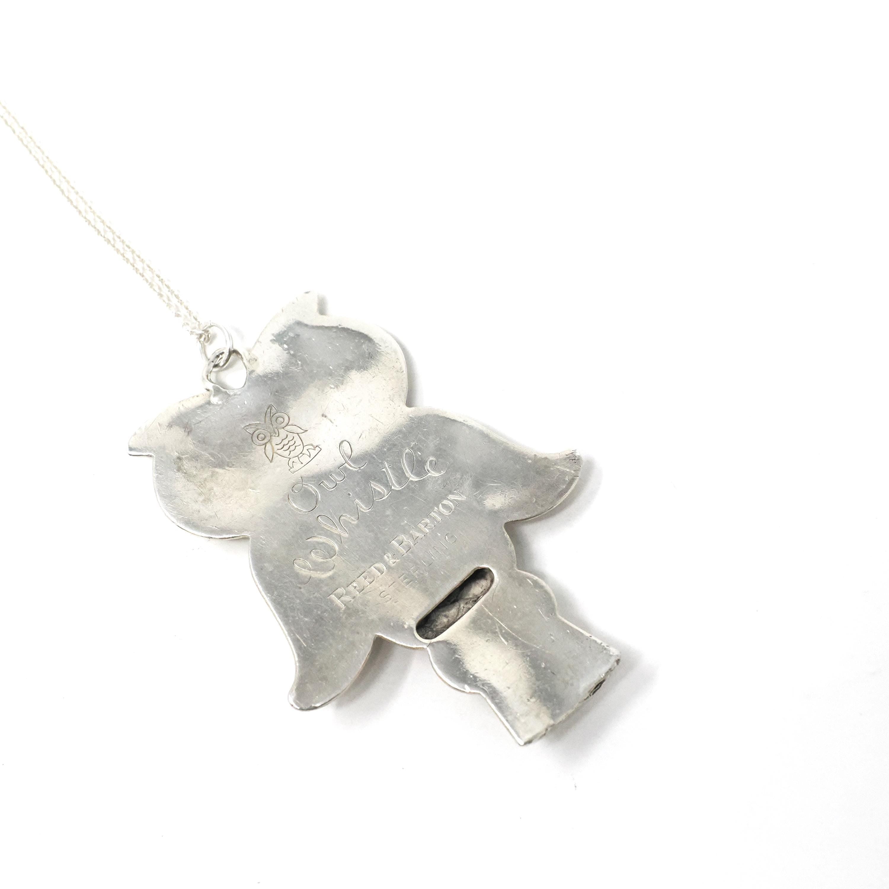 Owl Whistle Necklace - Retro Sterling Silver Figural Engraved Pendant Charm - Circa 1970s Era Wildlife Bird Signed Reed & Barton Jewelry