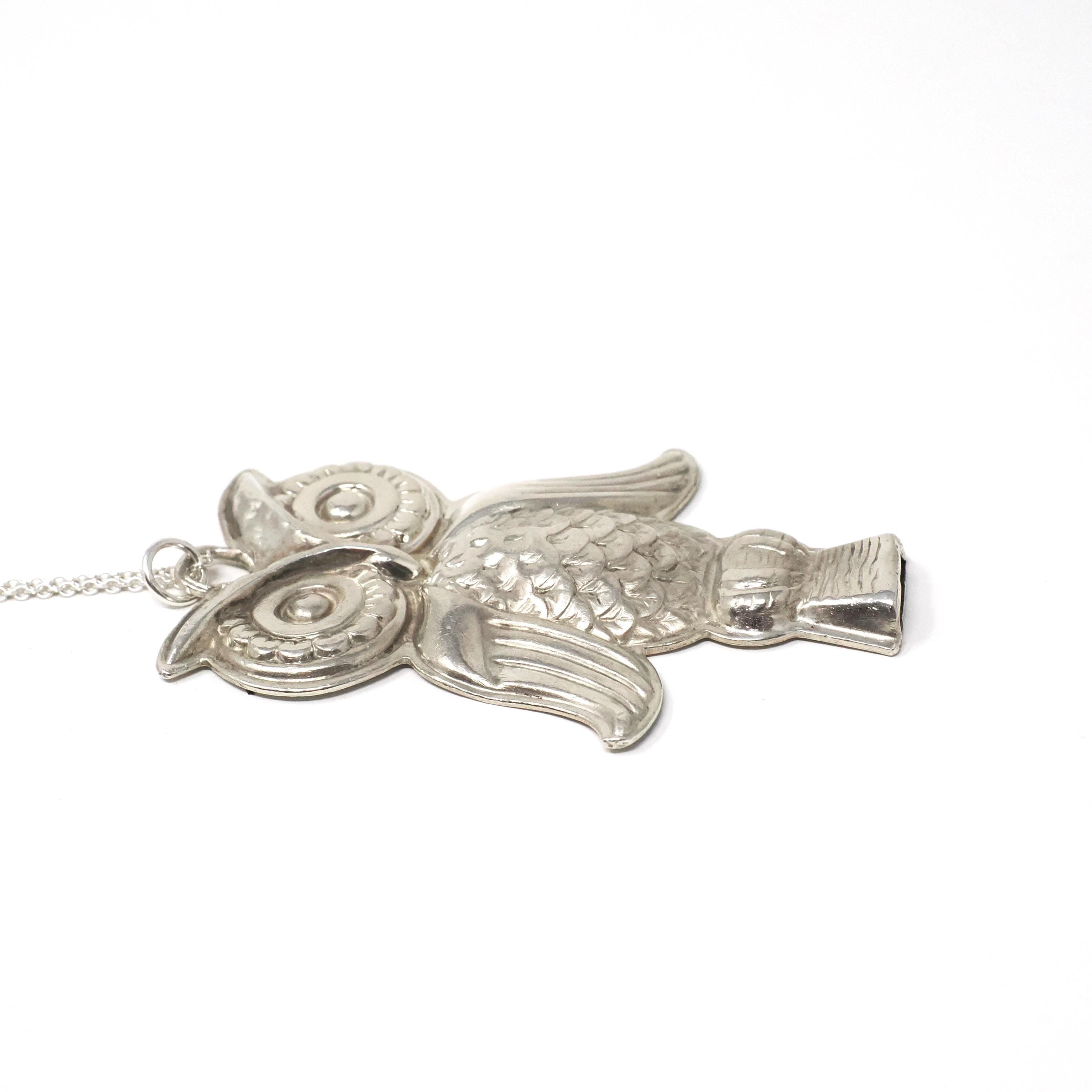 Owl Whistle Necklace - Retro Sterling Silver Figural Engraved Pendant Charm - Circa 1970s Era Wildlife Bird Signed Reed & Barton Jewelry