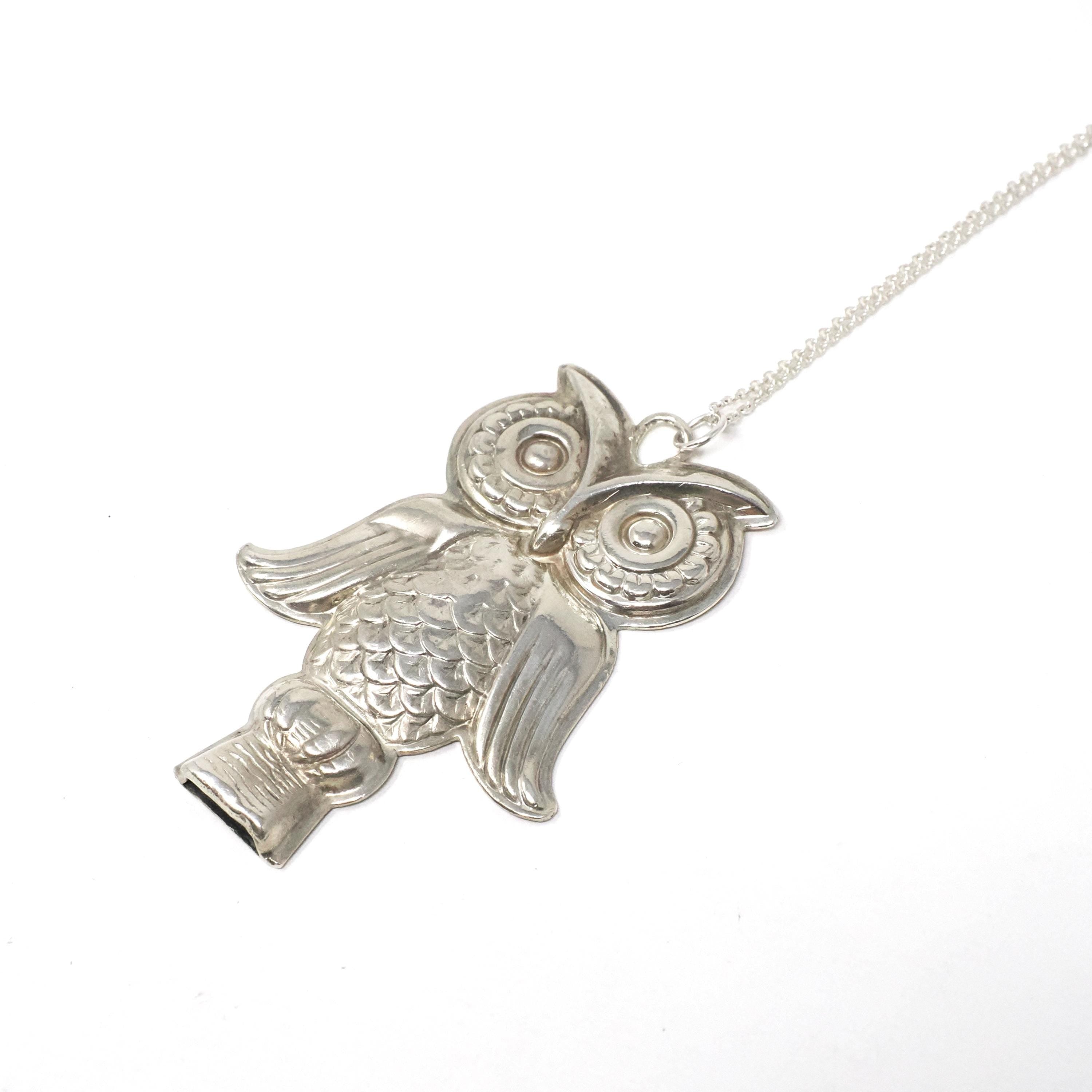 Owl Whistle Necklace - Retro Sterling Silver Figural Engraved Pendant Charm - Circa 1970s Era Wildlife Bird Signed Reed & Barton Jewelry